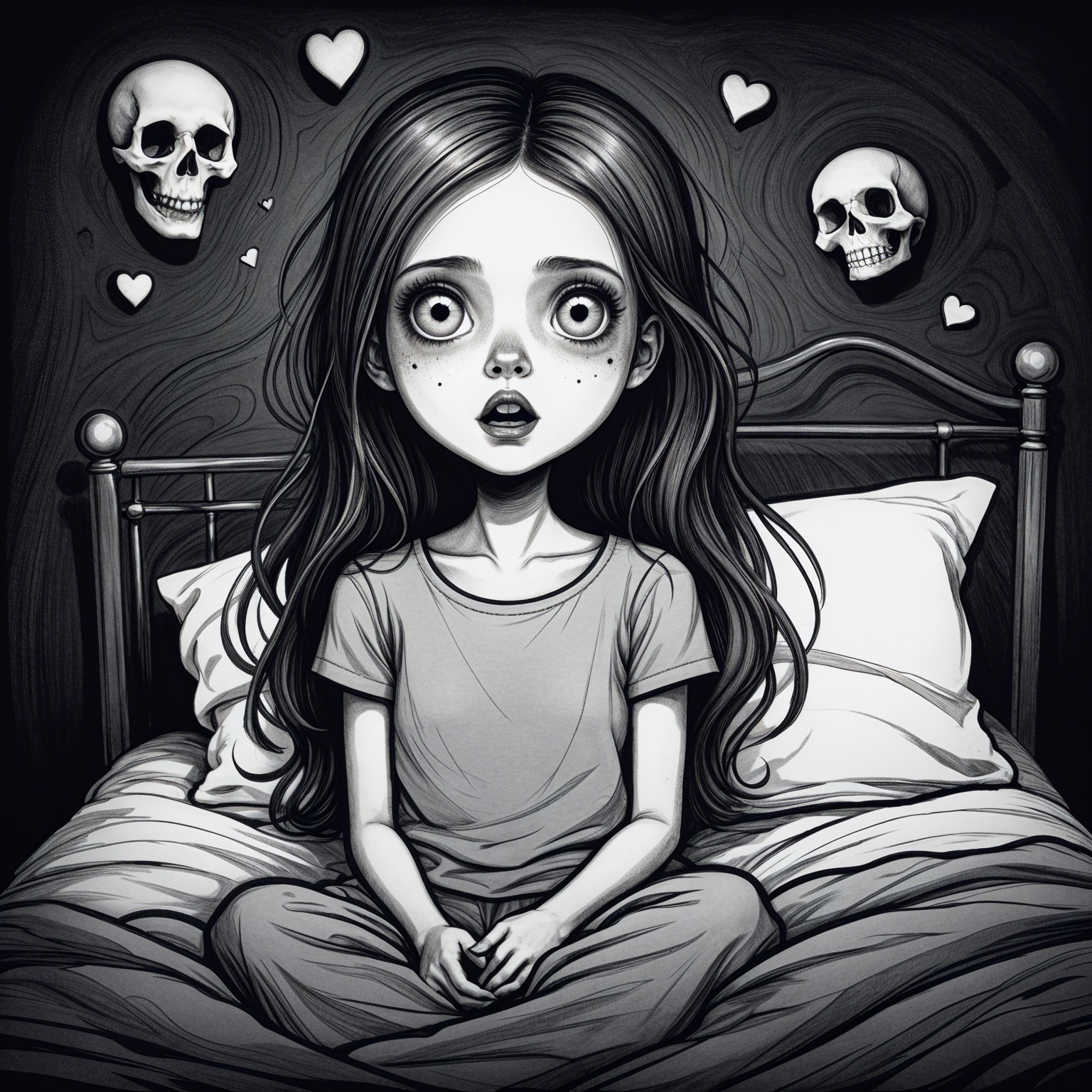 Girl with expressive eyes in a dark, moody room