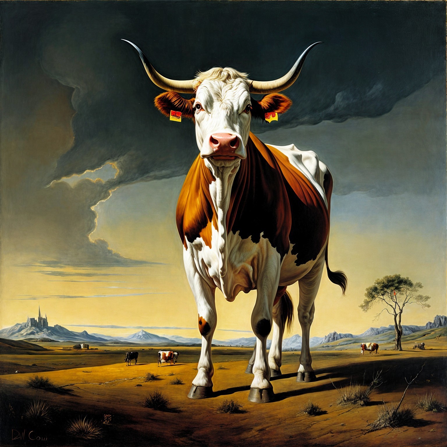 Surreal Cow in Barren Landscape with Dramatic Sky
