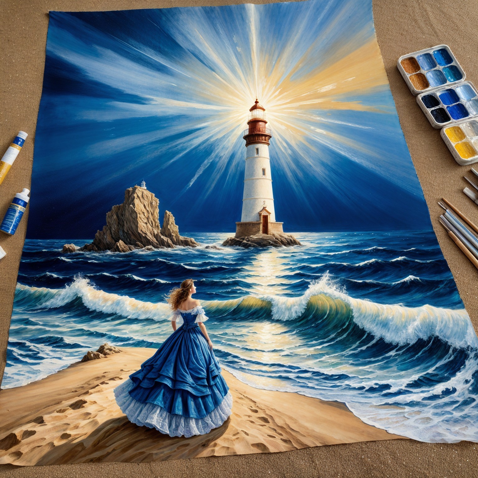 Vibrant Lighthouse Painting with Dramatic Sky and Waves