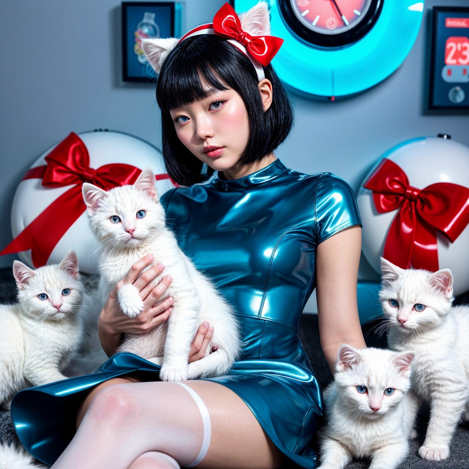 Futuristic Scene with Woman, Kittens, and Neon Decor