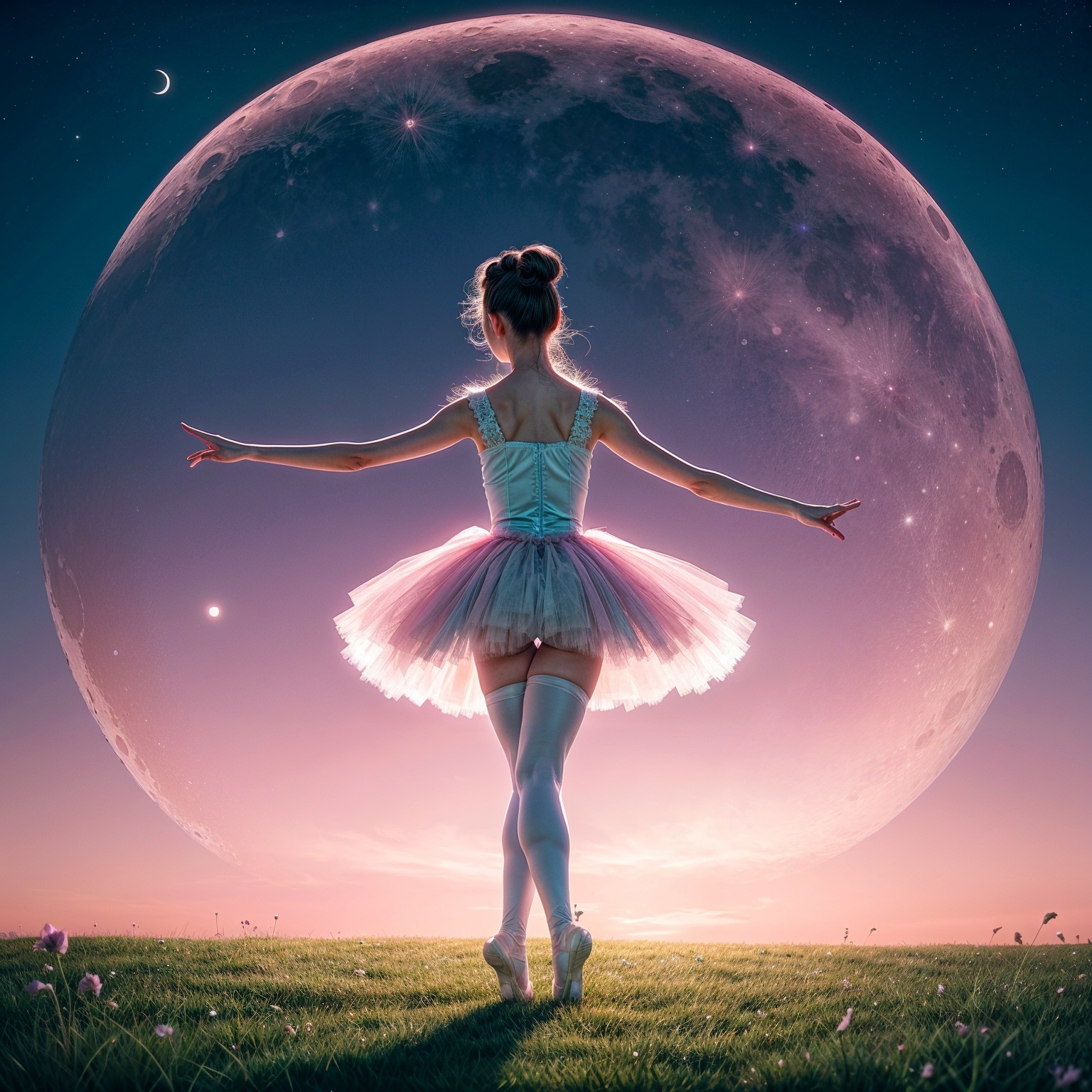 Ballerina in Pastel Tutu Under Full Moon and Stars