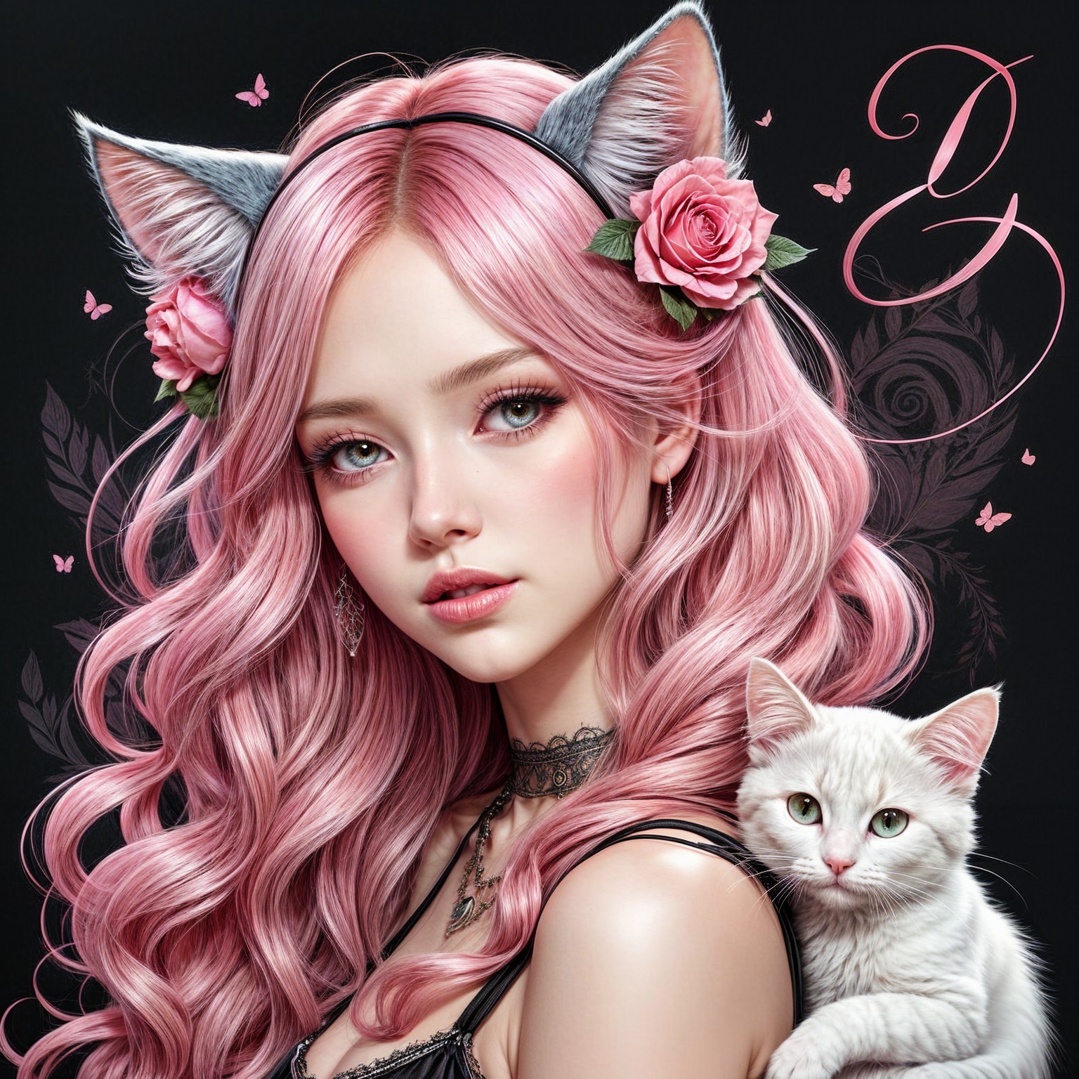 Whimsical Portrait of a Woman with Pink Hair and Cat Ears