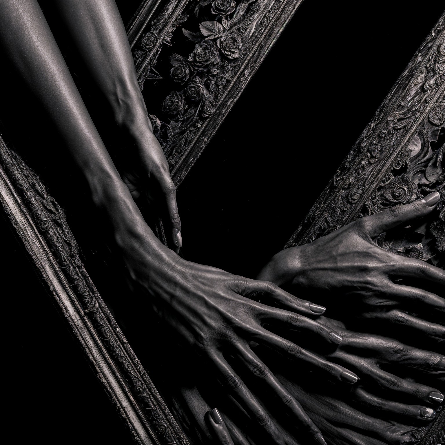 Close-Up of Intertwined Hands in Black and White