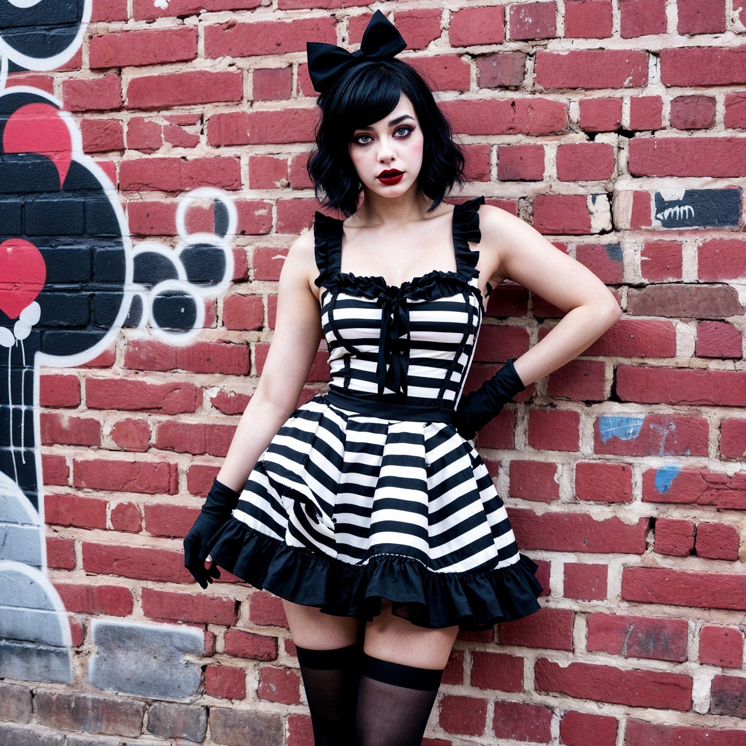 Young woman in striped dress by graffiti wall