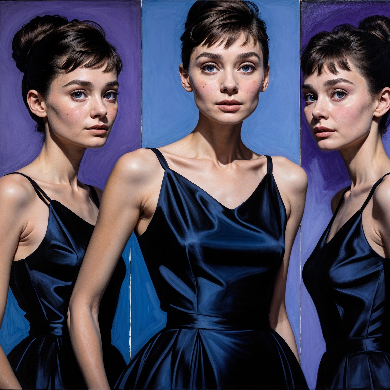 Portrait of a model in a deep blue satin dress