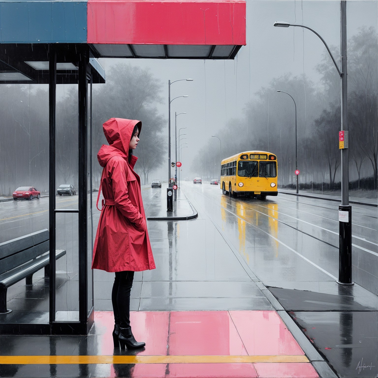 Woman in Red Raincoat at Rainy Bus Stop Scene