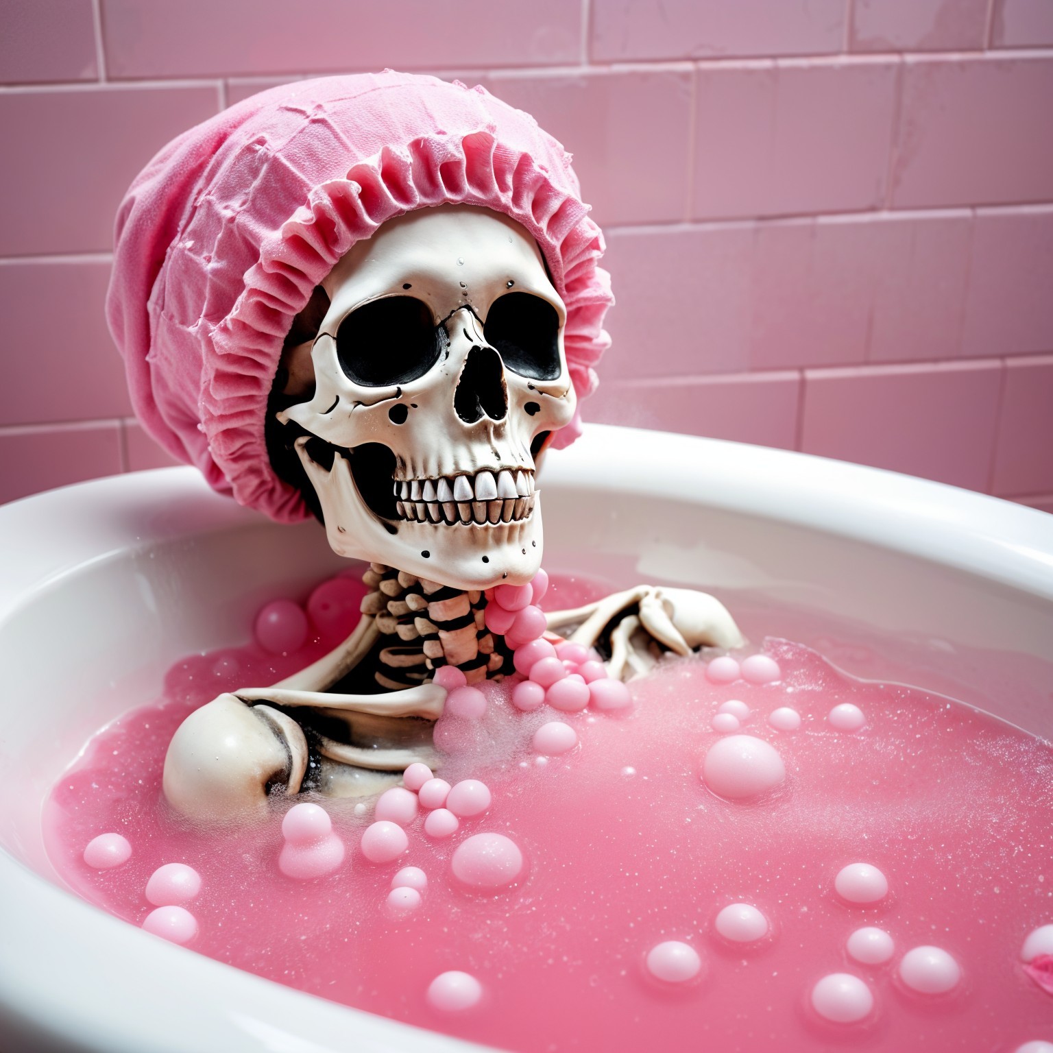 Skeleton in Bathtub with Pink Bubble Bath and Cap