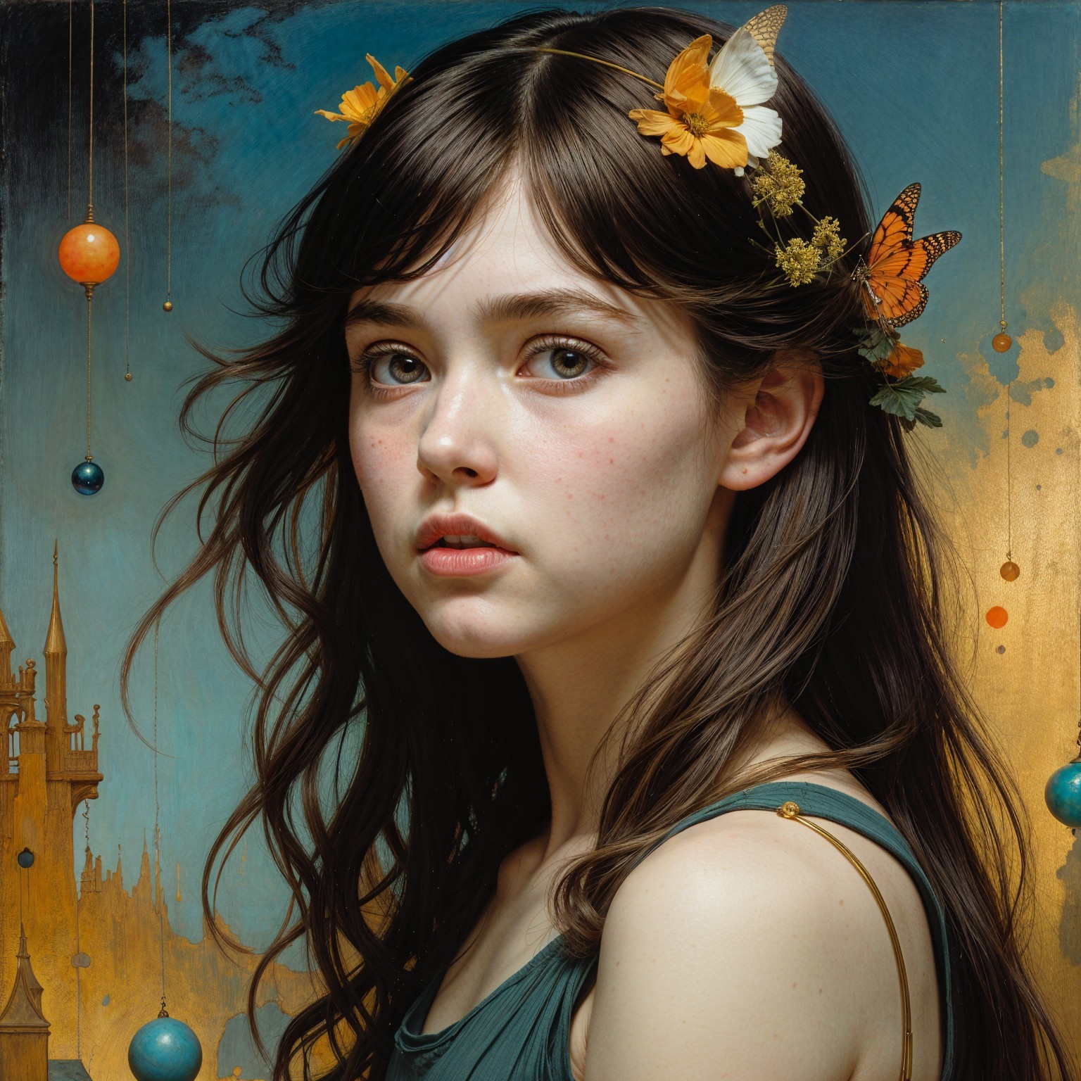 Young woman with flowers in hair in dreamlike scene