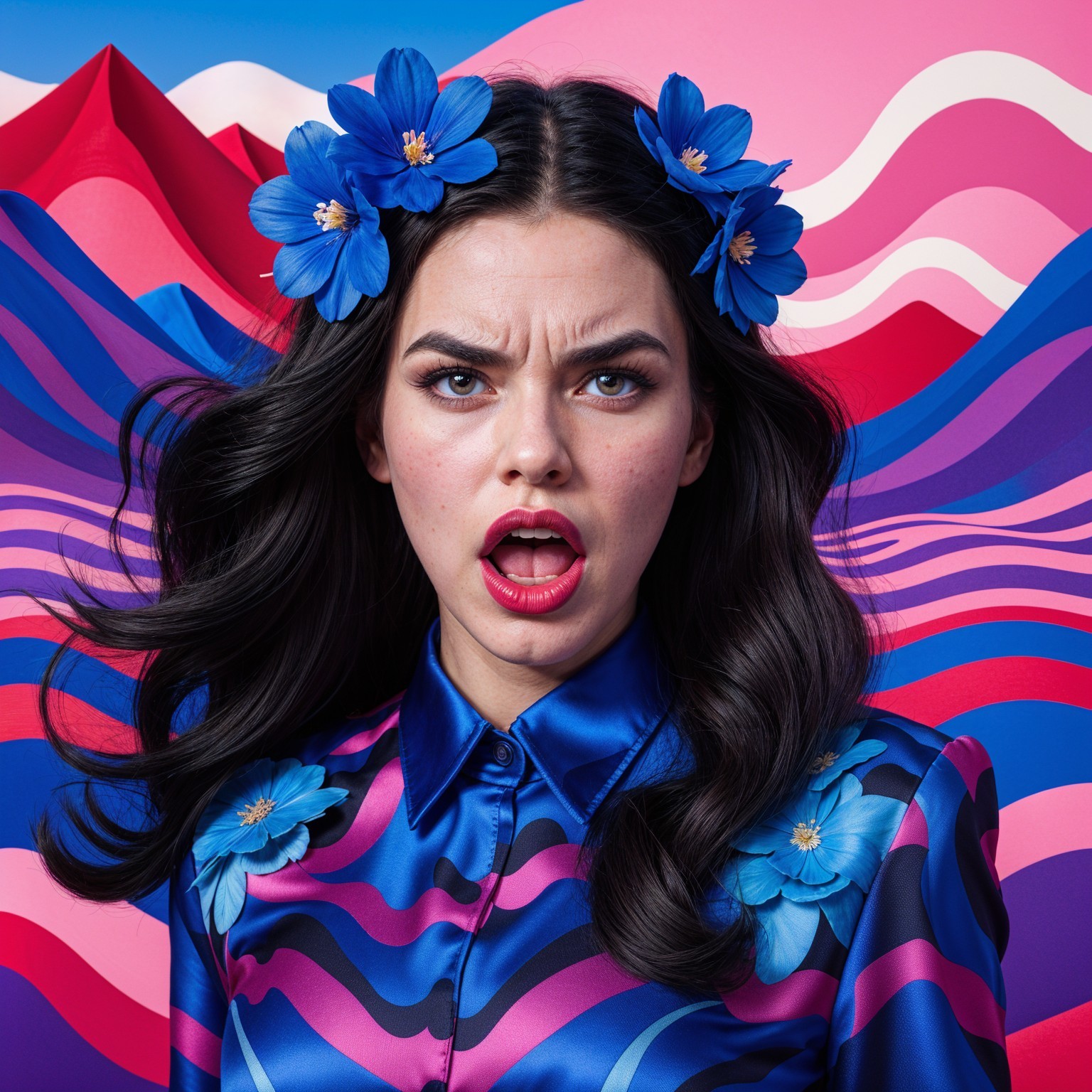 Portrait of a woman with dark hair and blue flowers