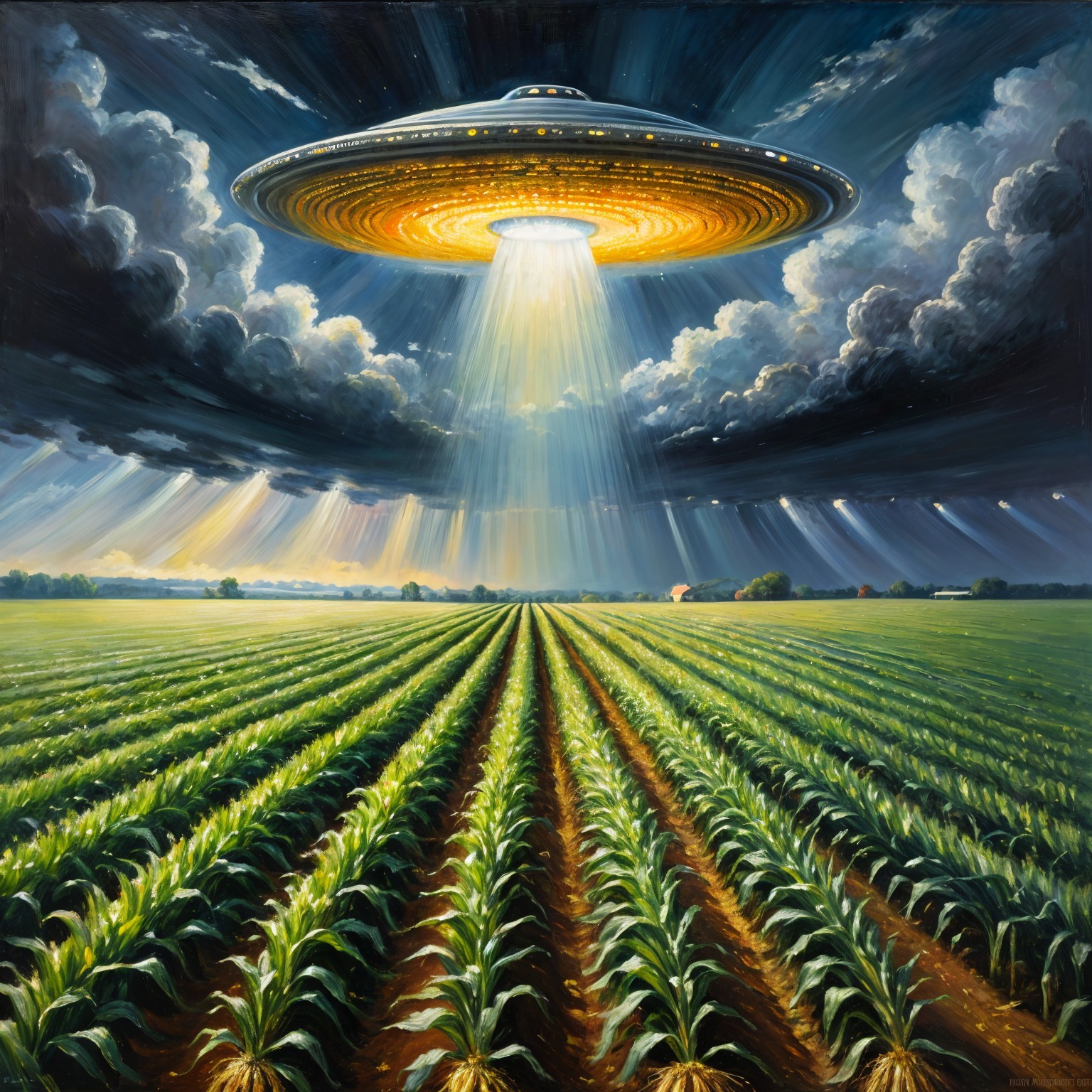 Dramatic Scene of Spaceship Over Cornfield at Dusk