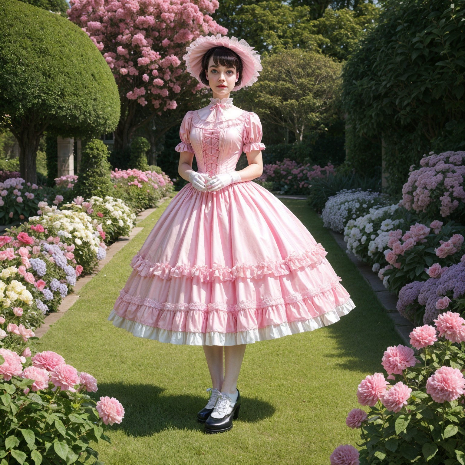 Young Woman in Vintage Dress in Lush Flower Garden