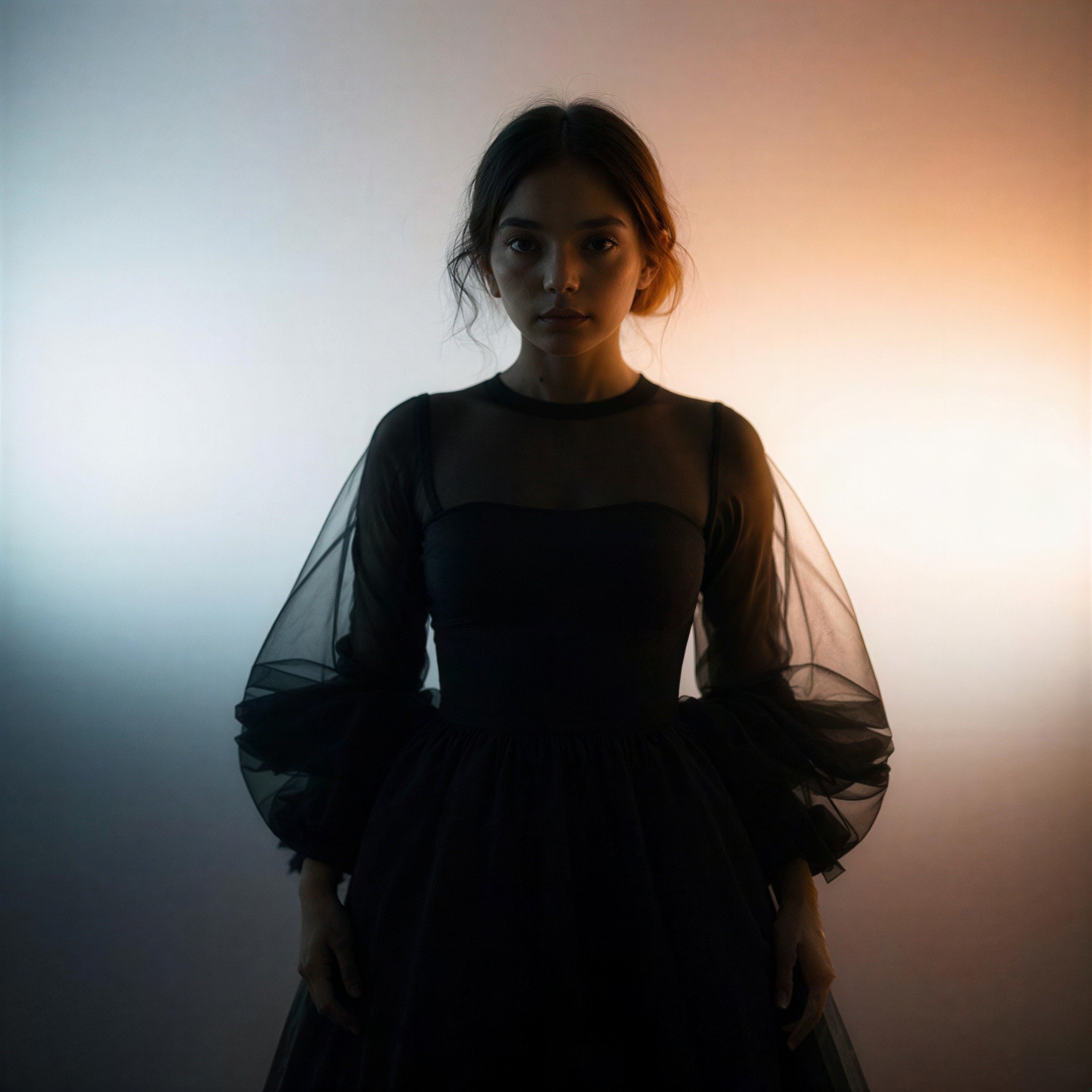 Full-body portrait of girl in black mesh dress