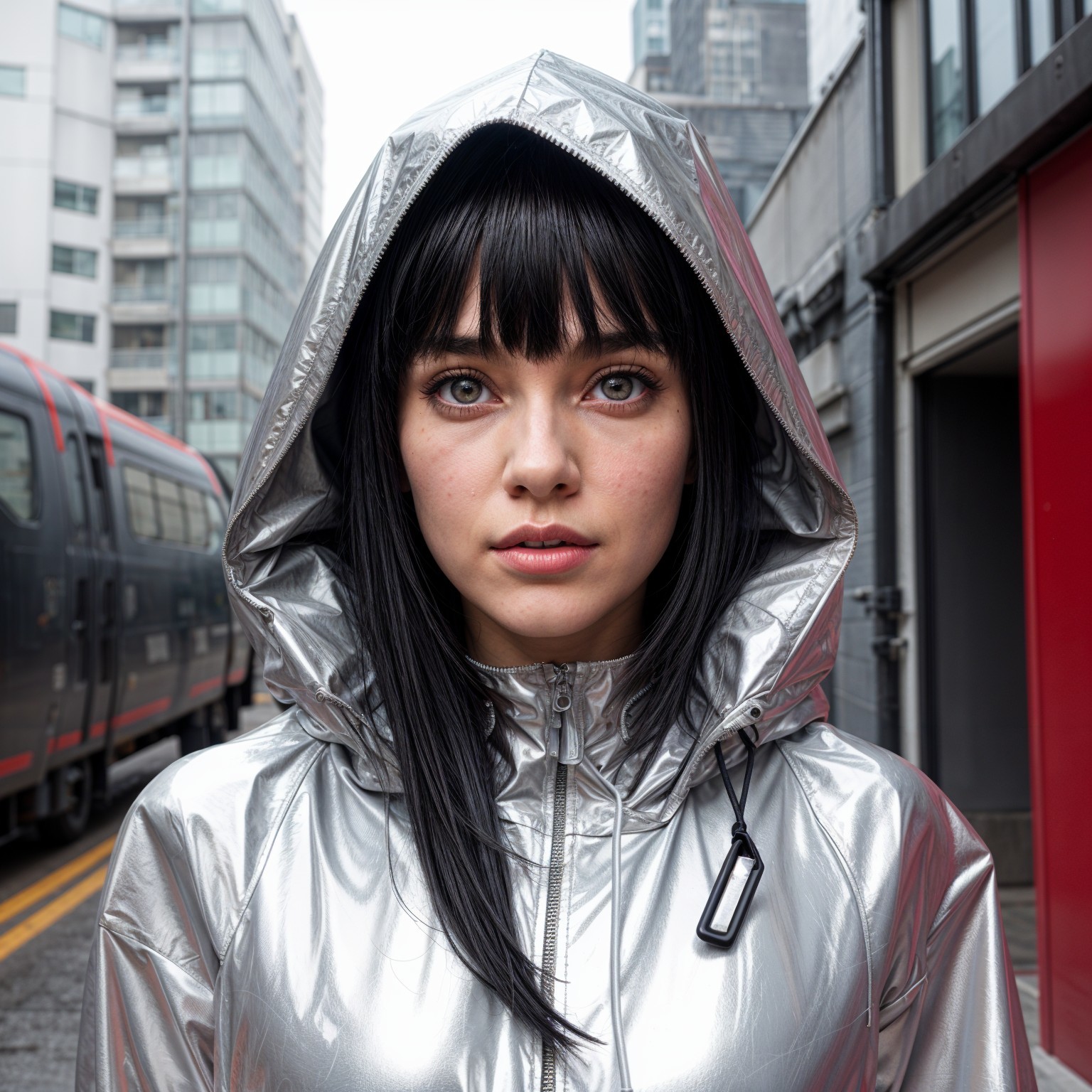Young woman in silver jacket in futuristic urban scene