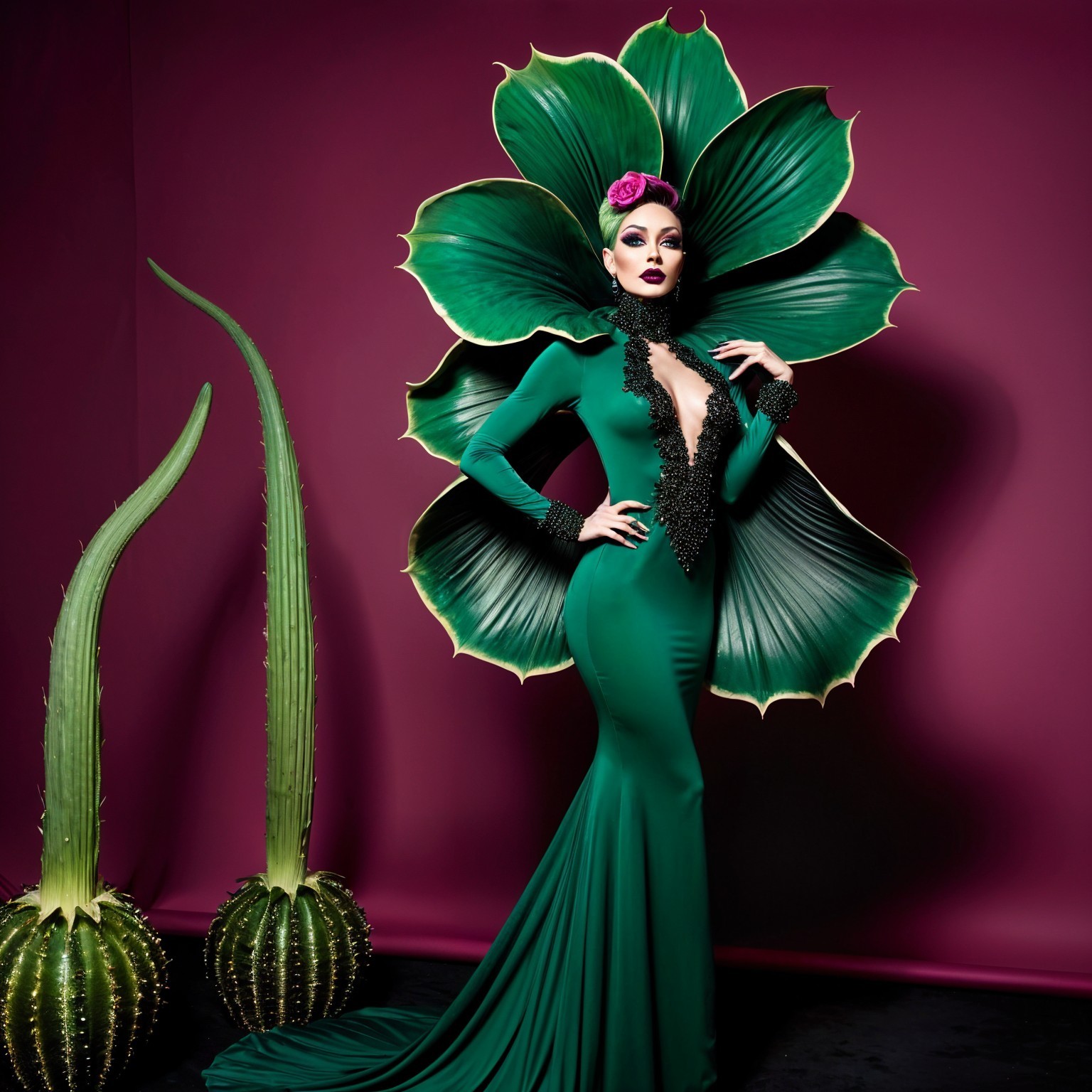 Model in Leaf-Inspired Gown Against Purple Background