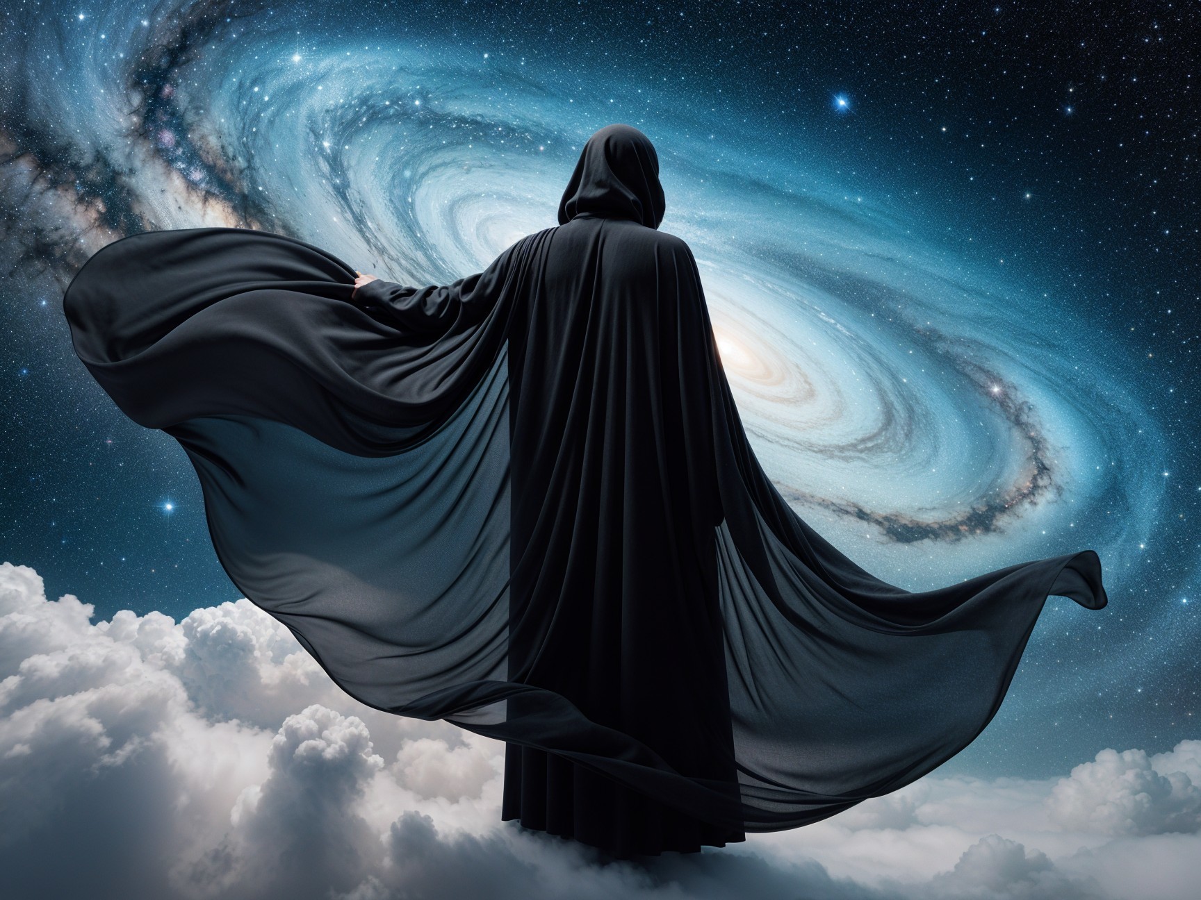 Mysterious Cloaked Figure in Cosmic Scene