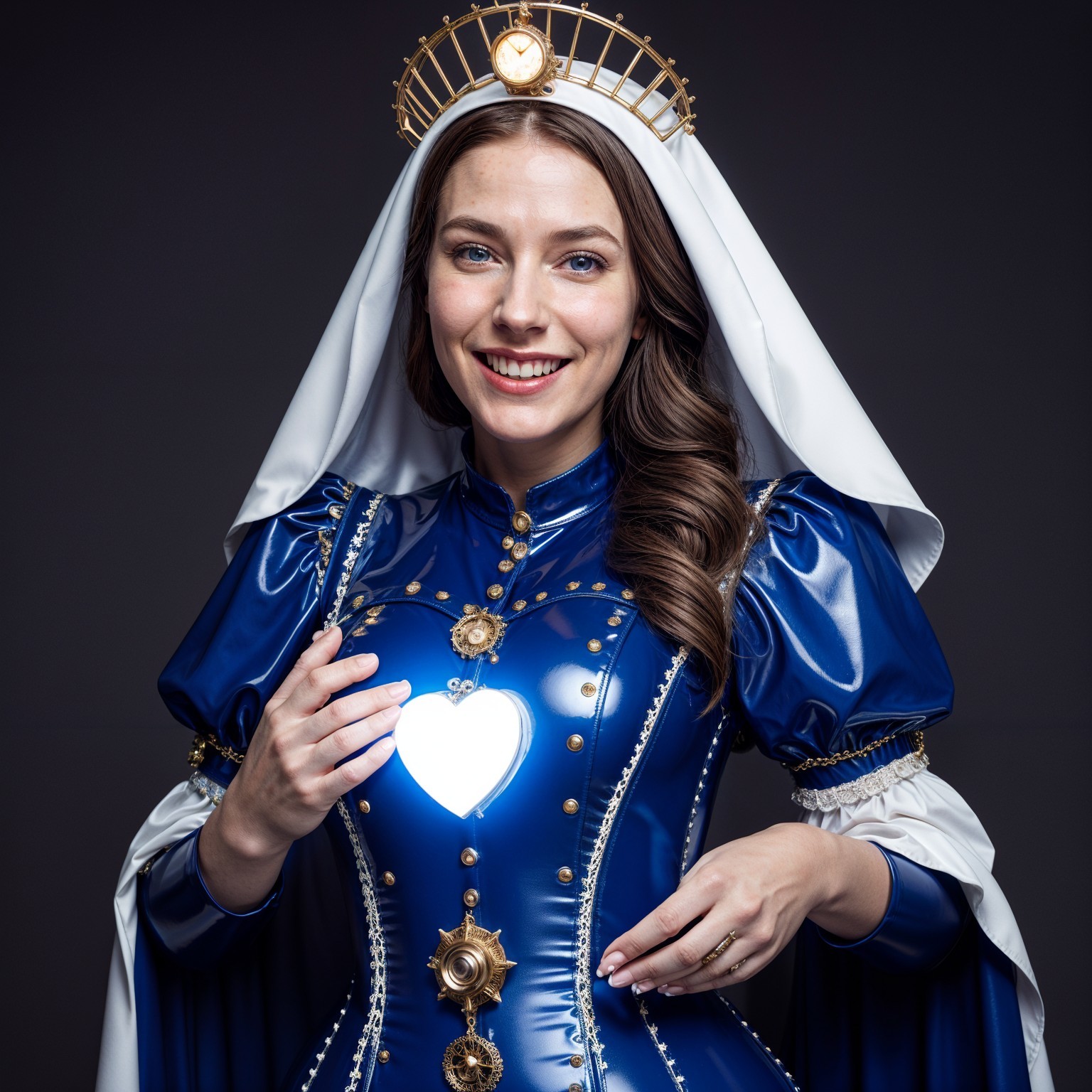 Royal blue costume with golden embellishments and veil