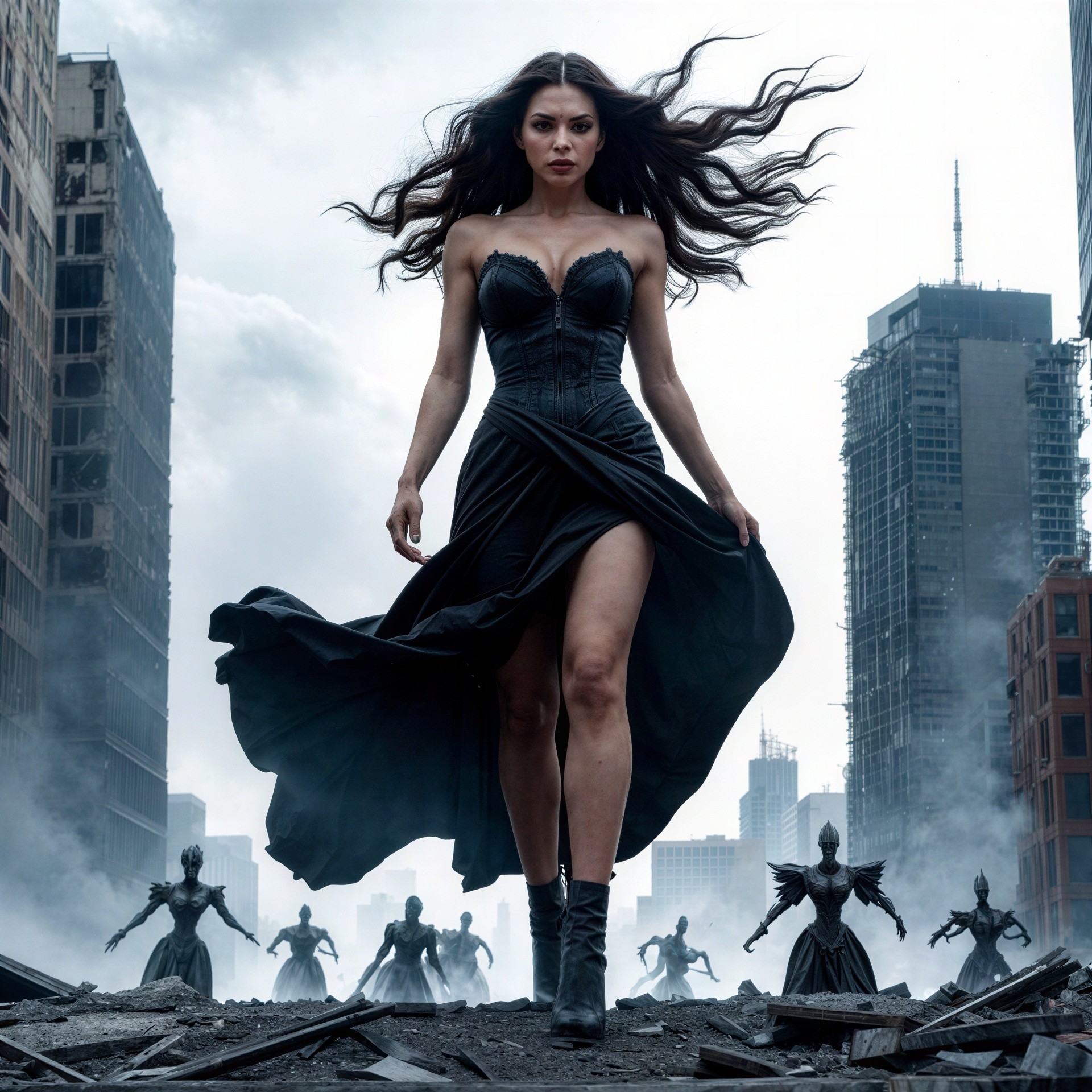 Young Woman in Black Dress in Post-Apocalyptic Setting