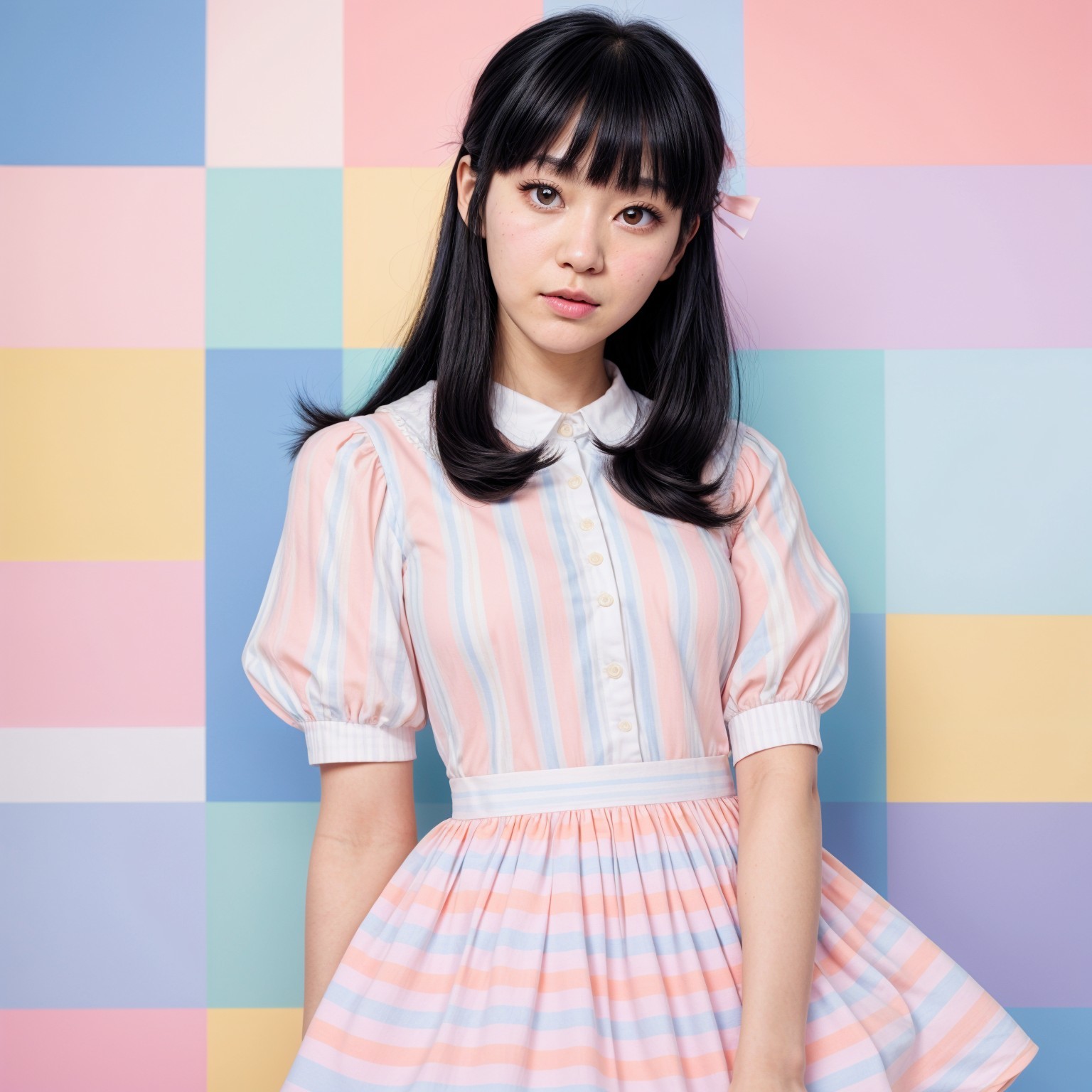 Young Woman in Vintage Dress Against Pastel Backdrop