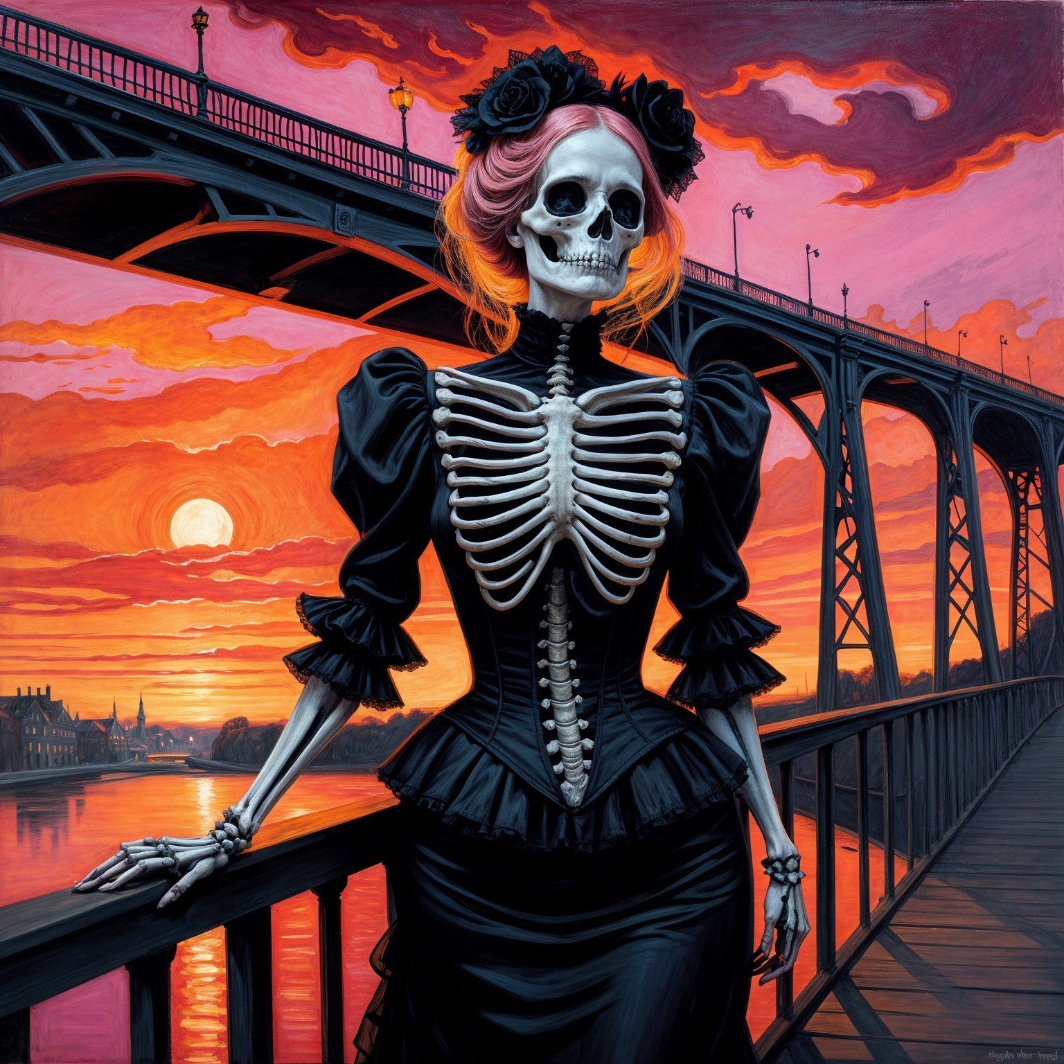 Skeleton Figure in Black Dress on Sunset Bridge