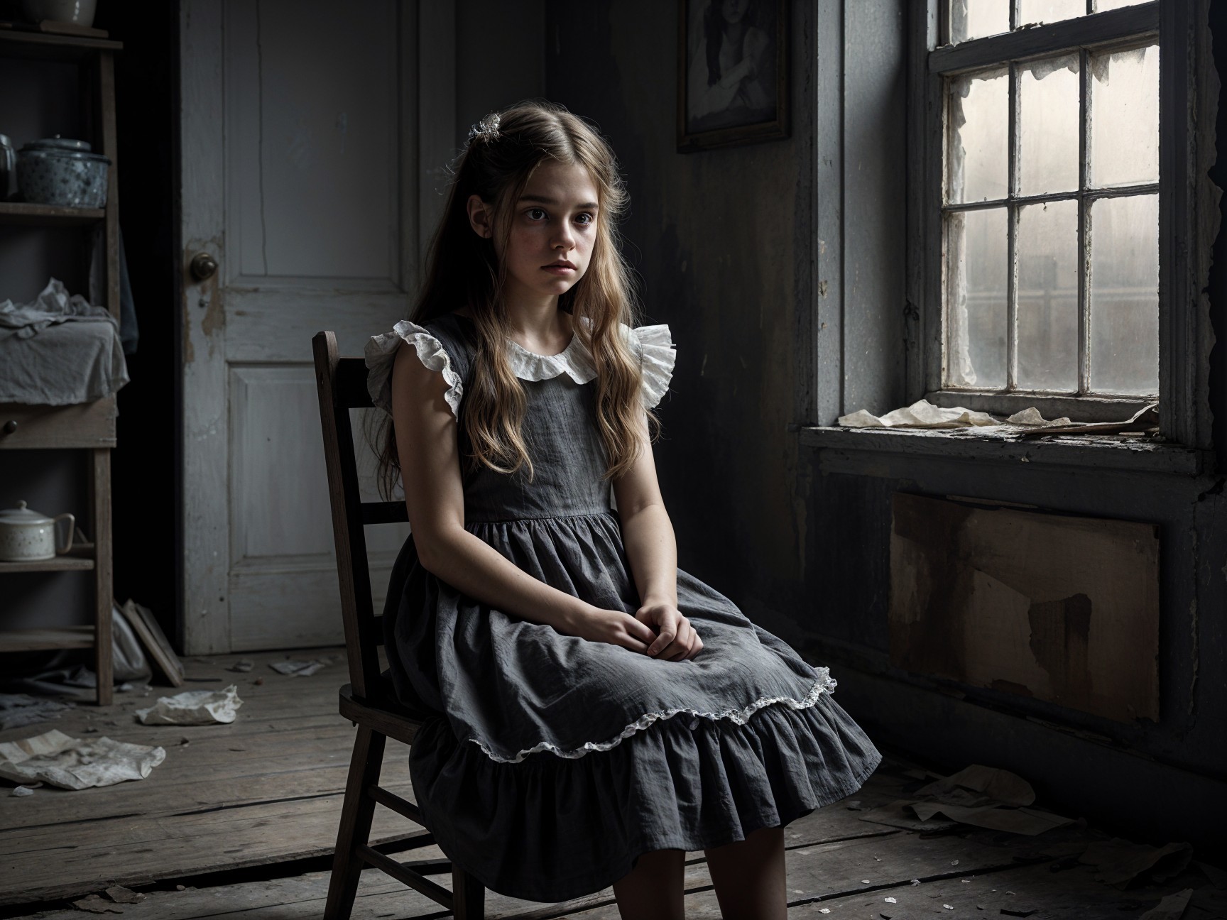 Young girl in vintage dress in a dim room setting