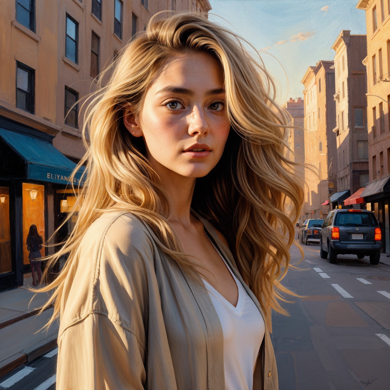 Young woman in sunlit urban street with stylish backdrop