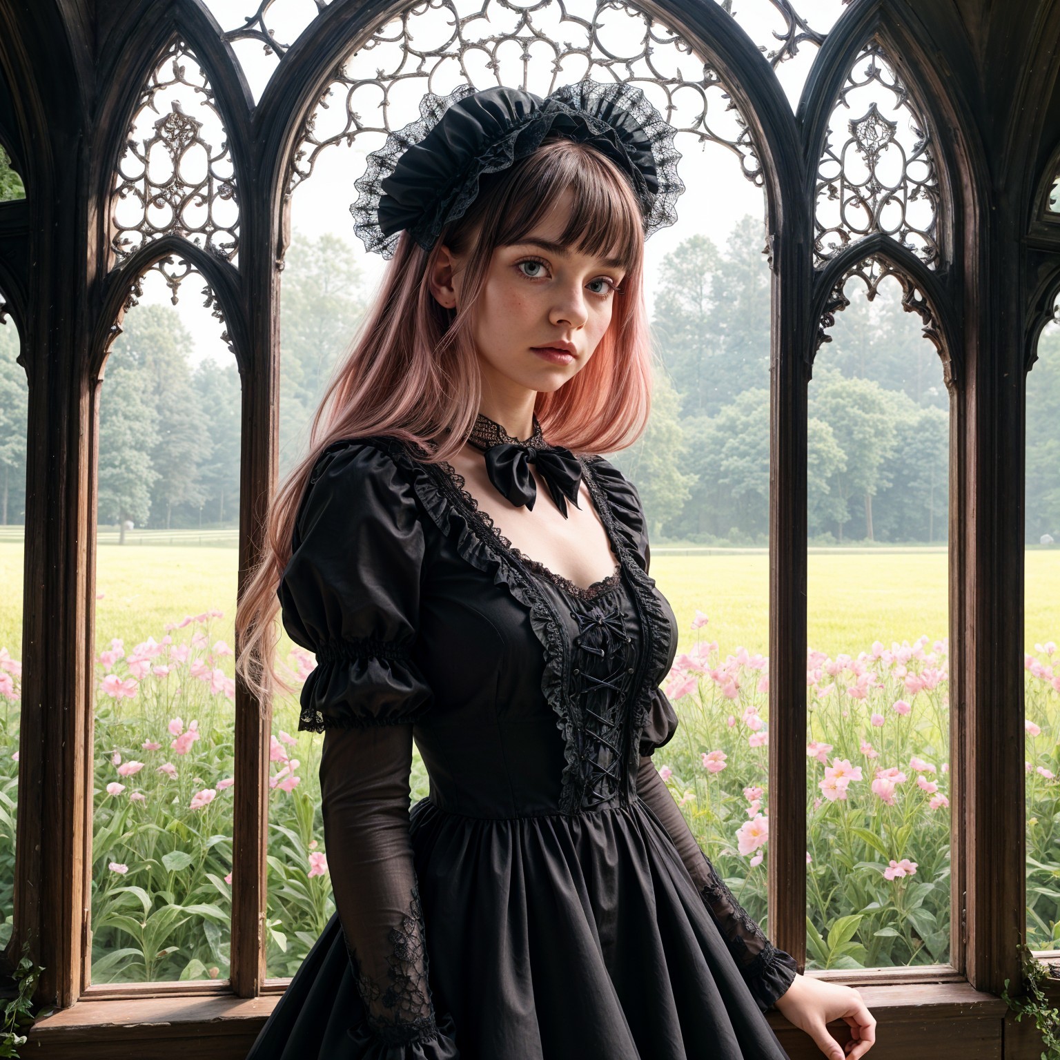 Vintage Gothic Outfit with Pink Hair and Garden View