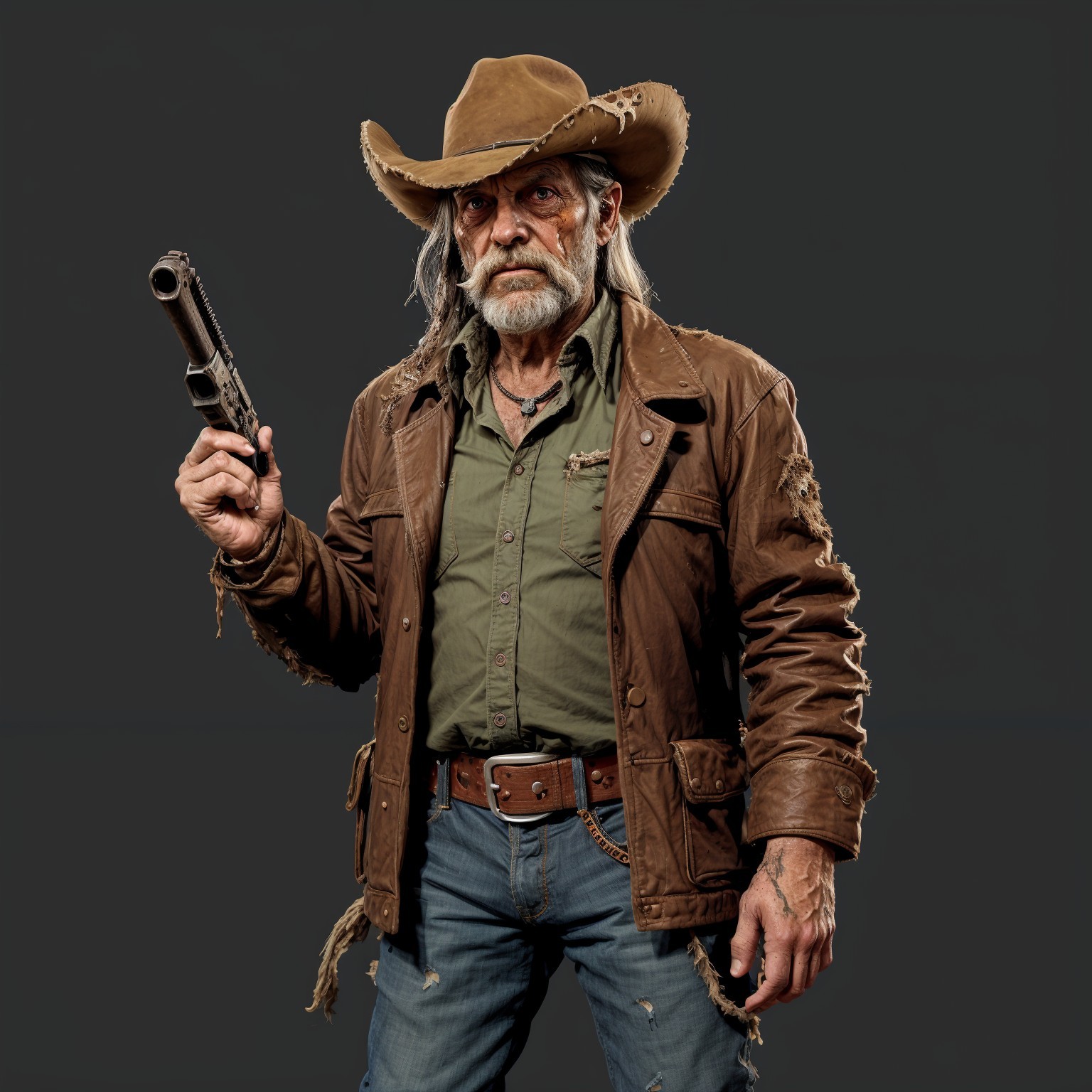 Rugged Cowboy with Revolver and Weathered Attire
