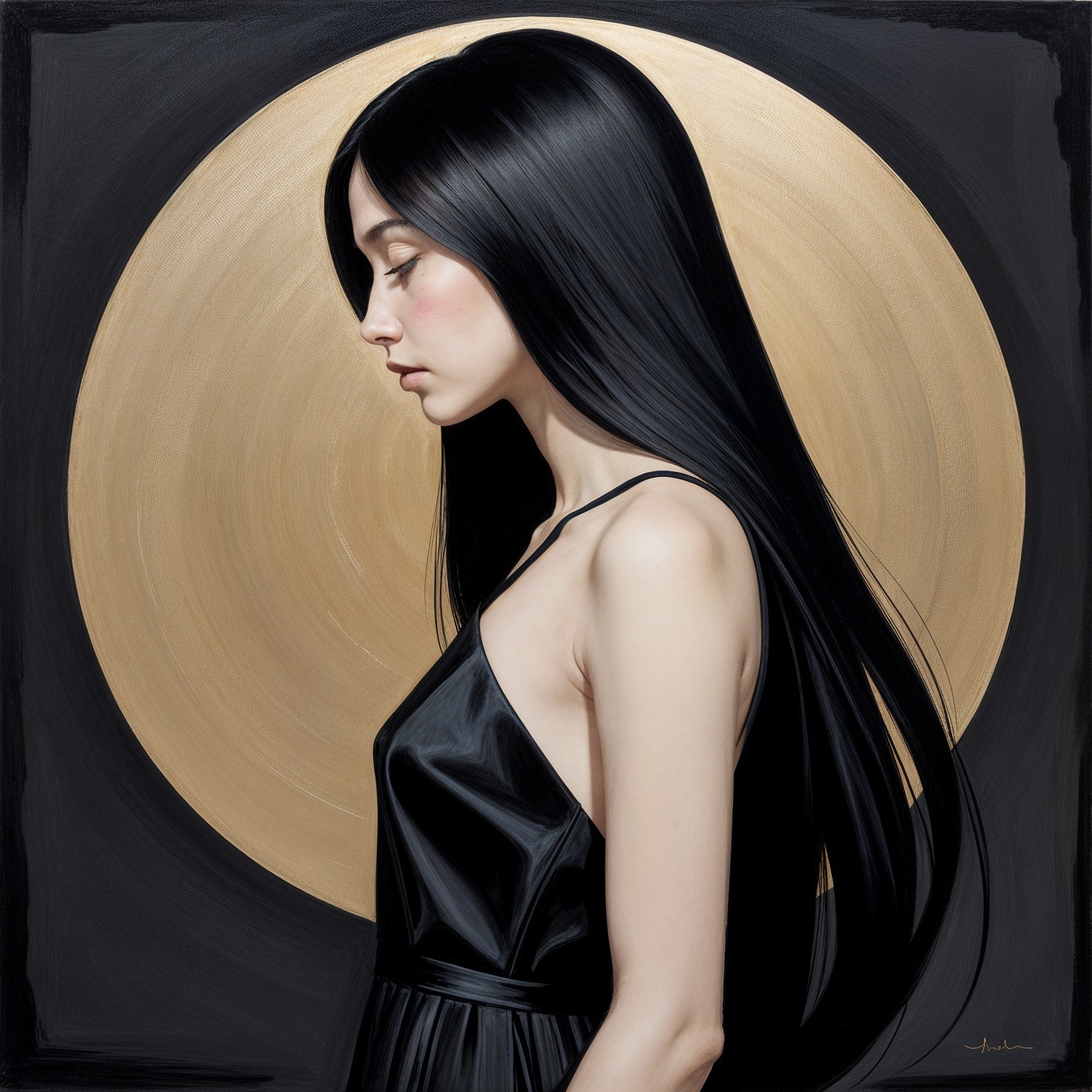 Young Woman in Black Dress with Golden Background