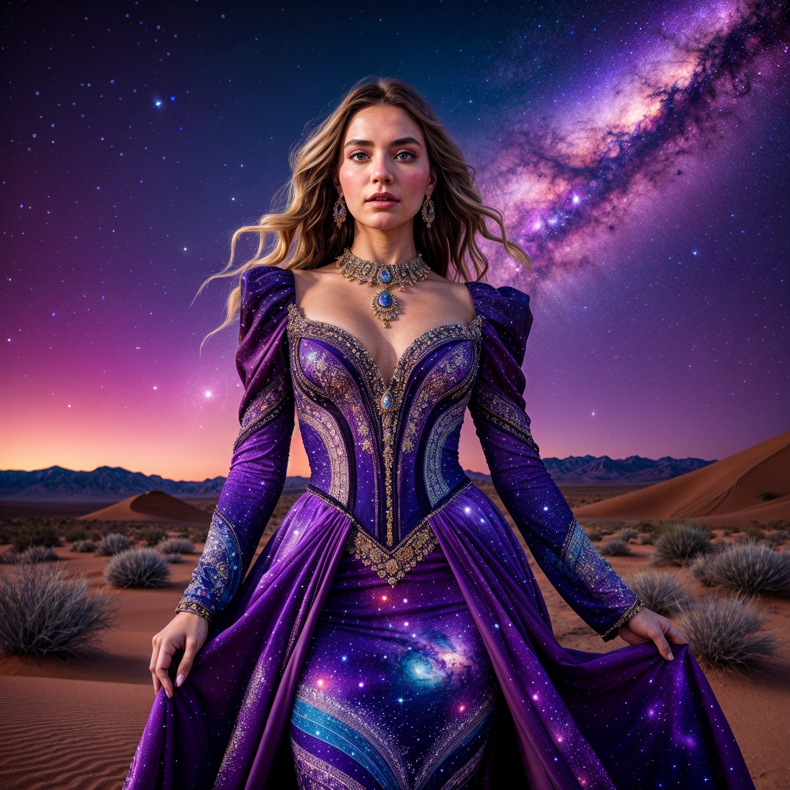 Celestial Figure in Purple Gown in Desert Twilight