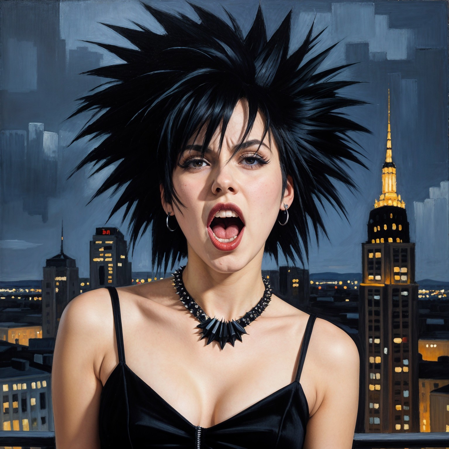 Young woman with spiky hair against city skyline at dusk