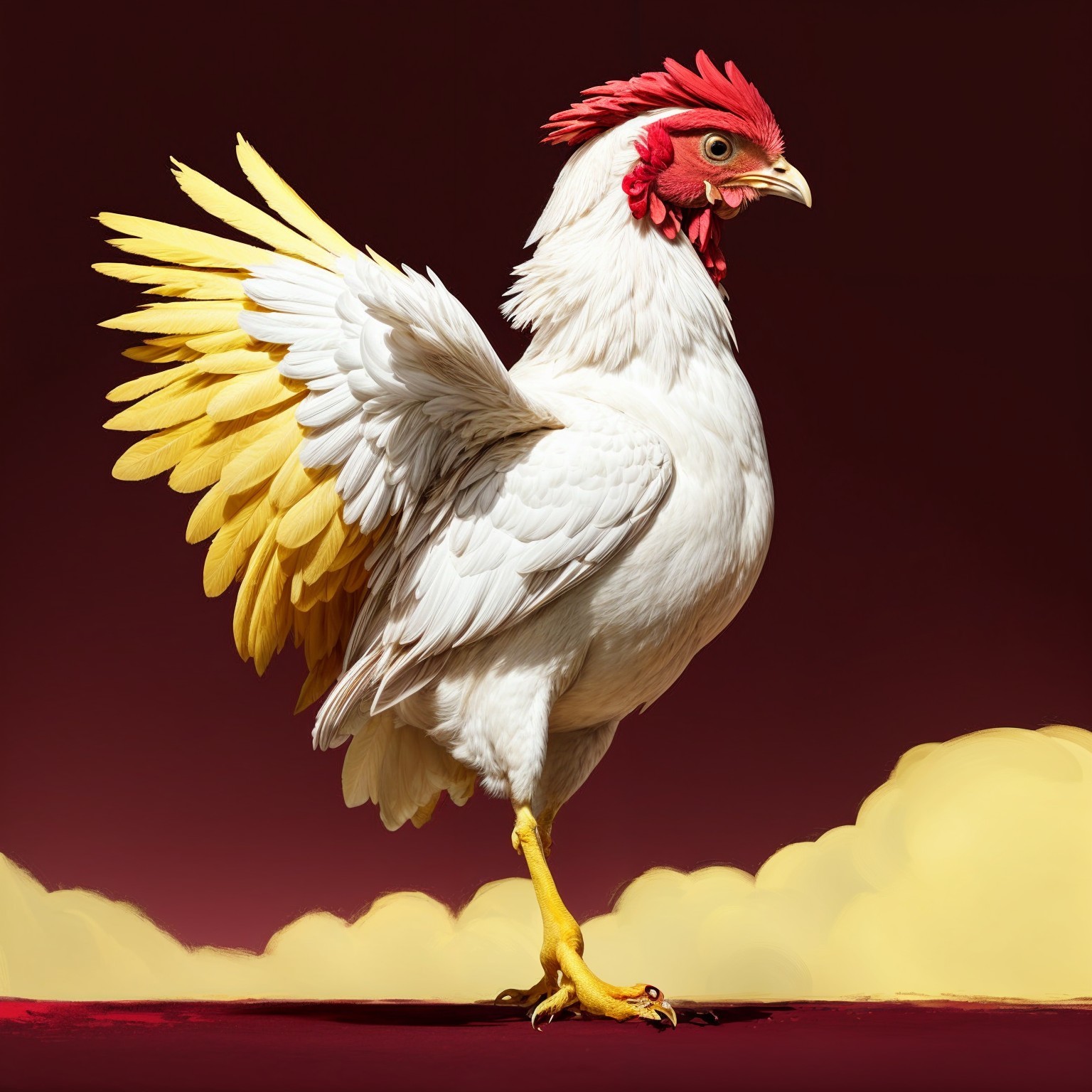 White Chicken with Yellow Feathers on Maroon Background