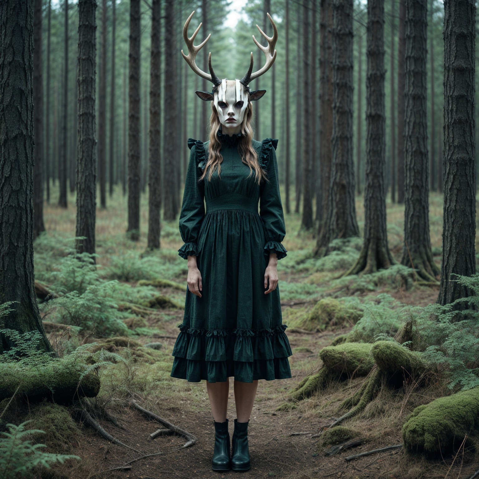 Misty Forest Scene with Figure in Deer Mask