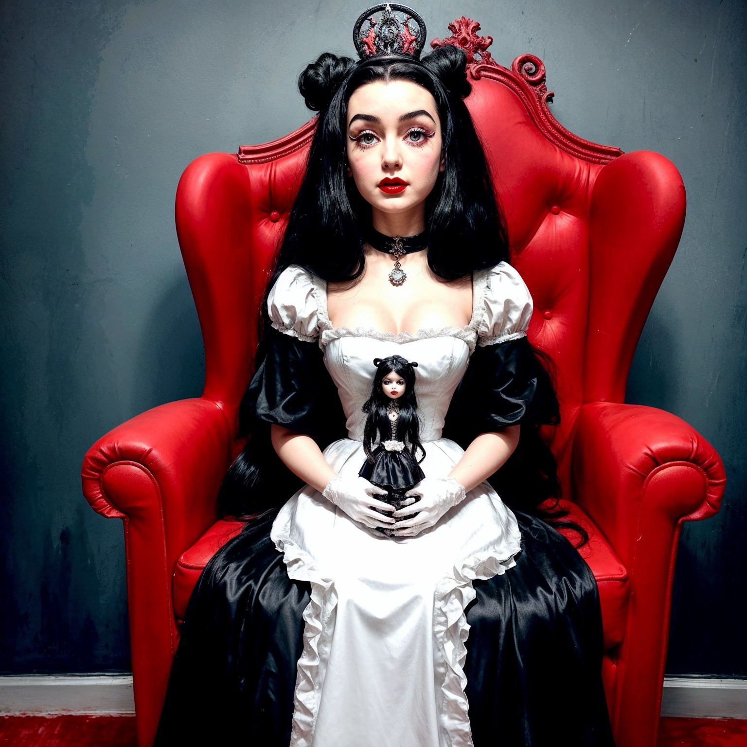 Victorian-Inspired Woman in Black and White Gown