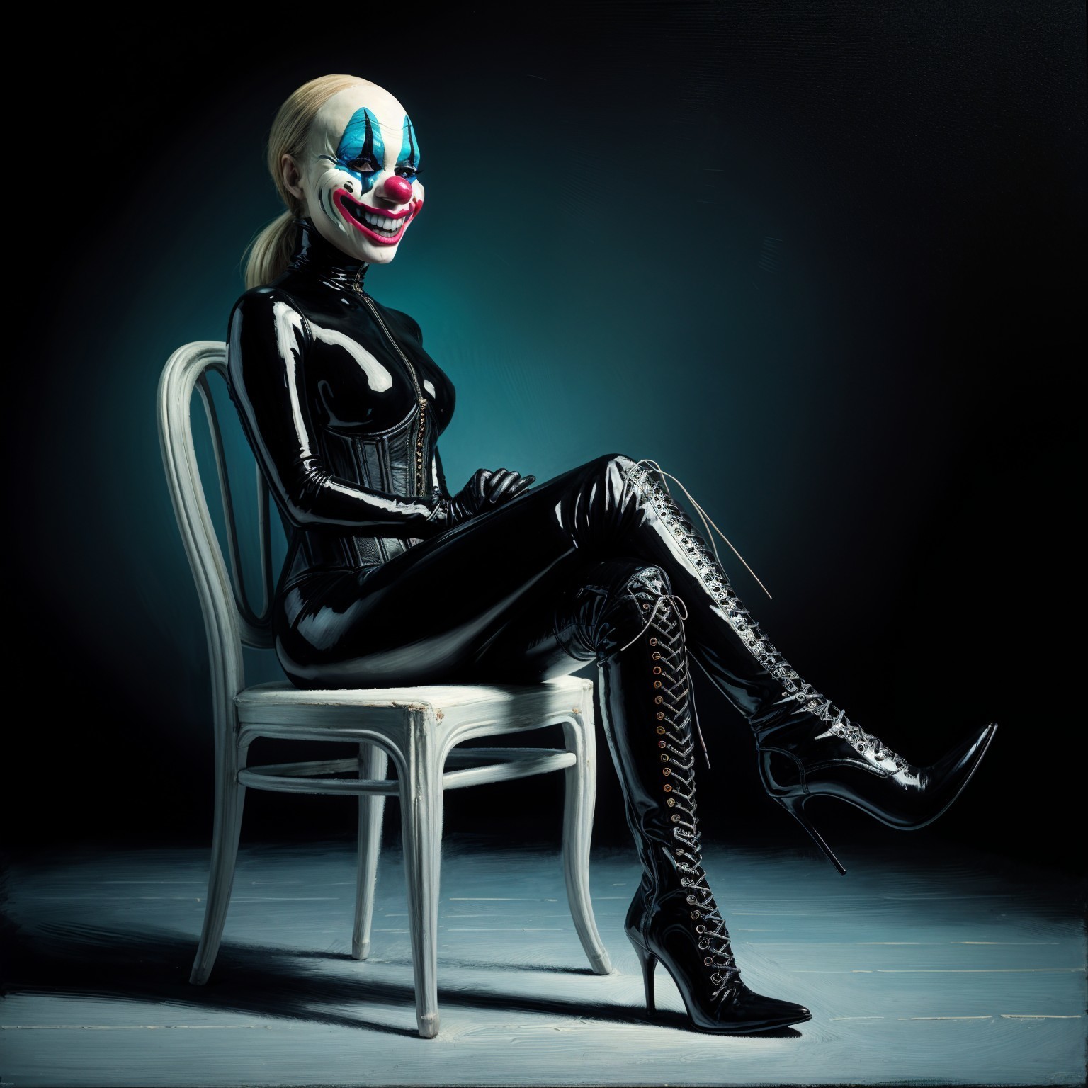 Figure in Black Latex with Clown Makeup on White Chair