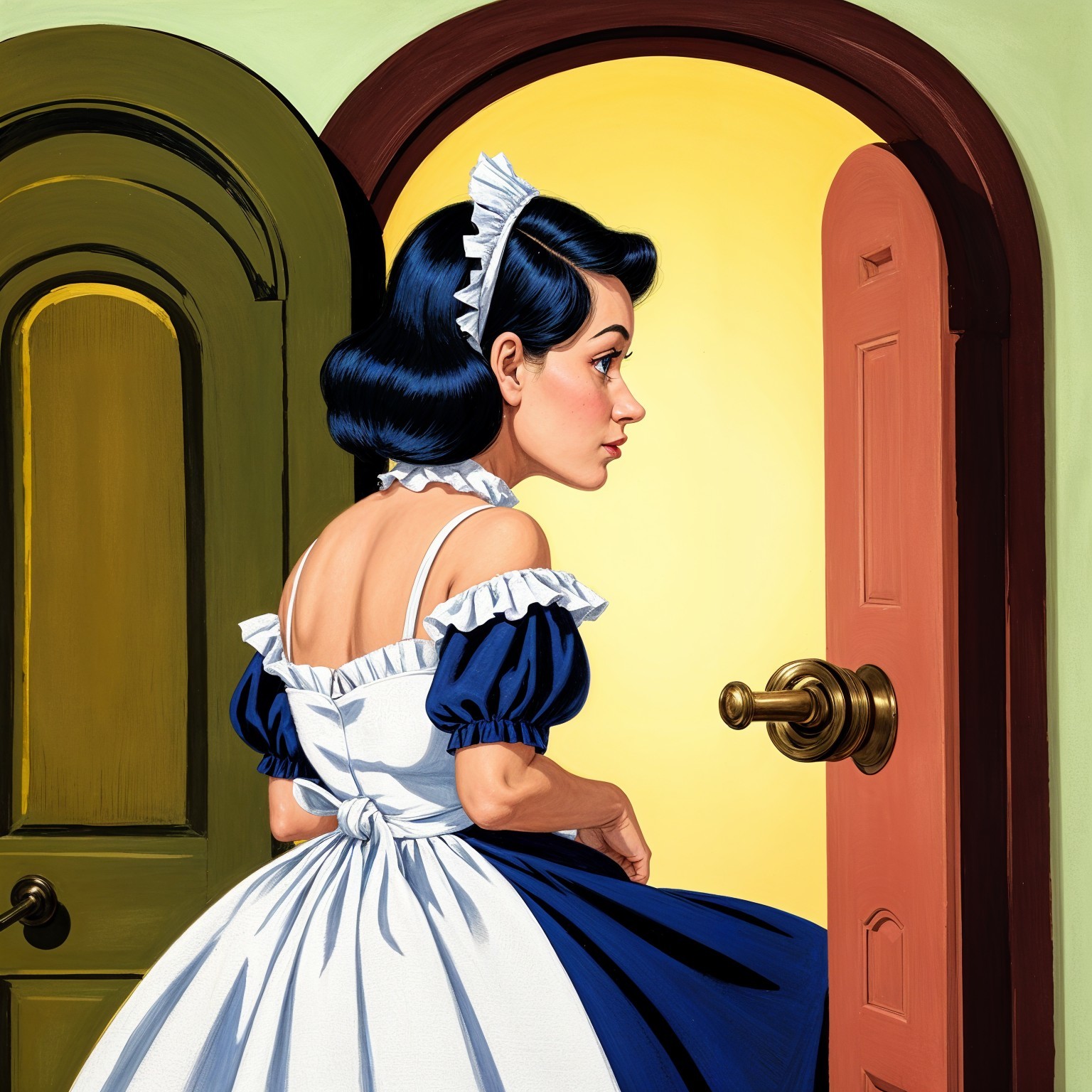 Young woman in vintage blue dress by open door