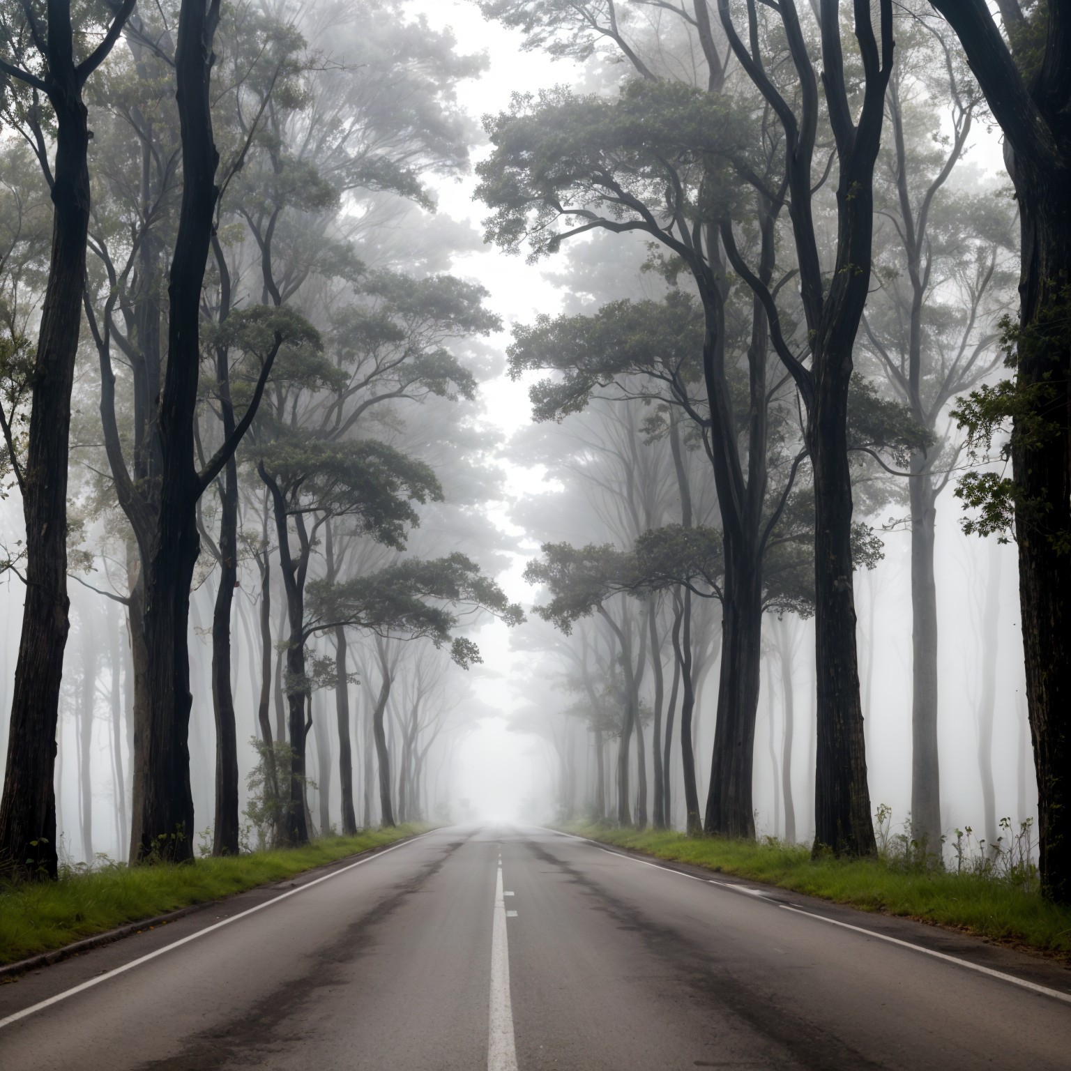 Mist-Covered Roadway Through a Dense Tree Grove