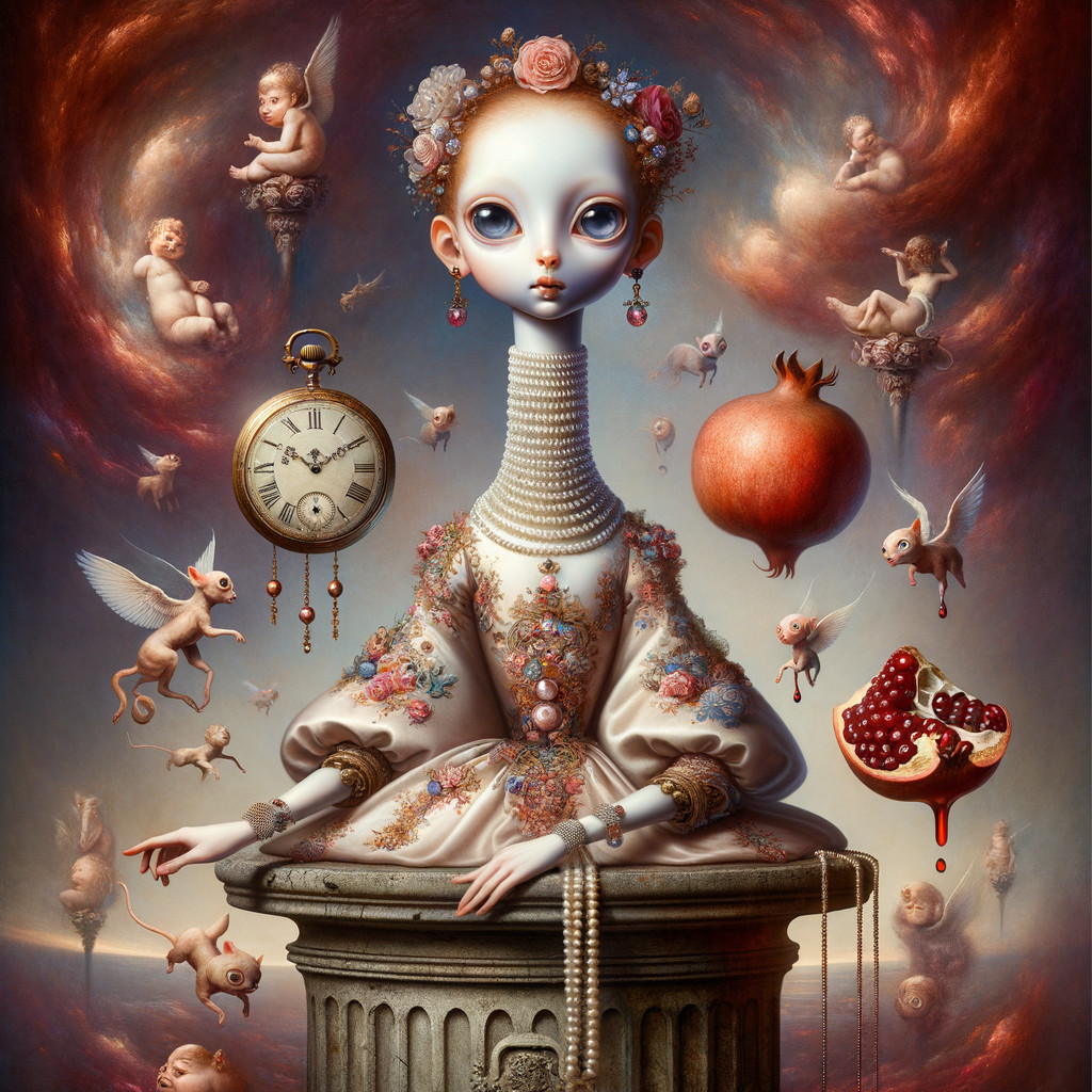 Surreal Scene with Elegant Figure and Whimsical Elements