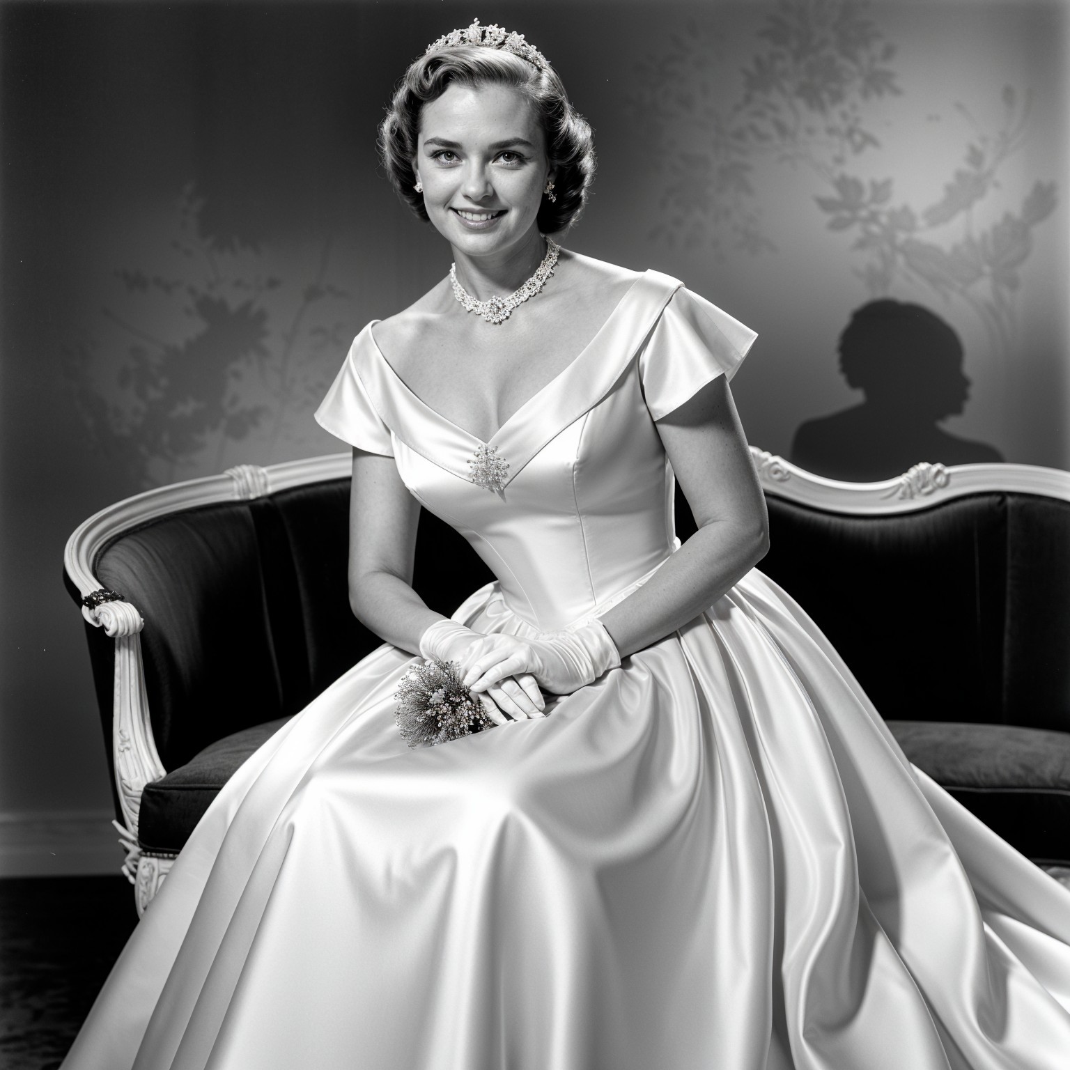 Elegant Young Woman in Classic Satin Gown on Sofa