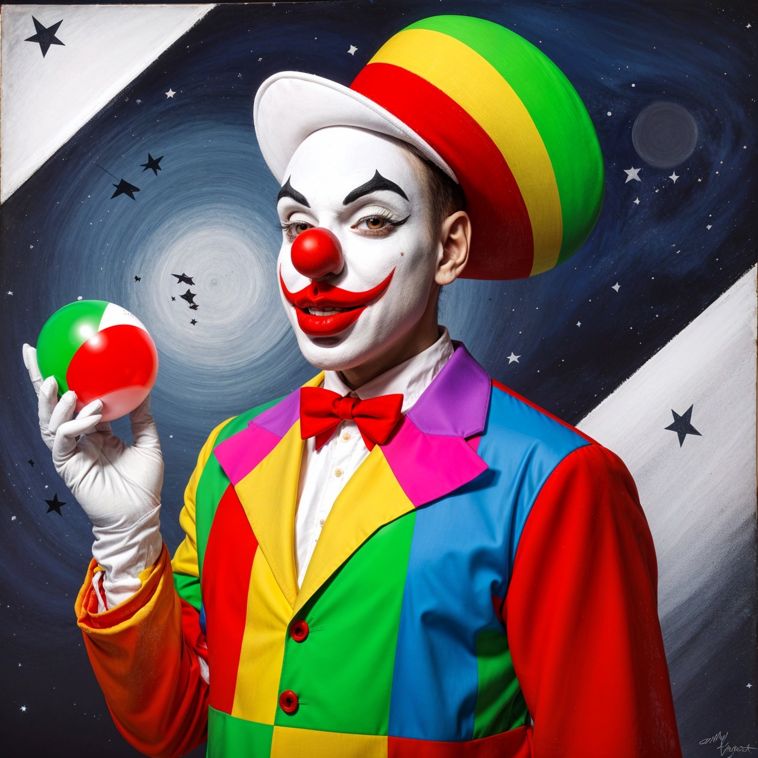 Vibrant Clown in Colorful Suit Against Cosmic Backdrop