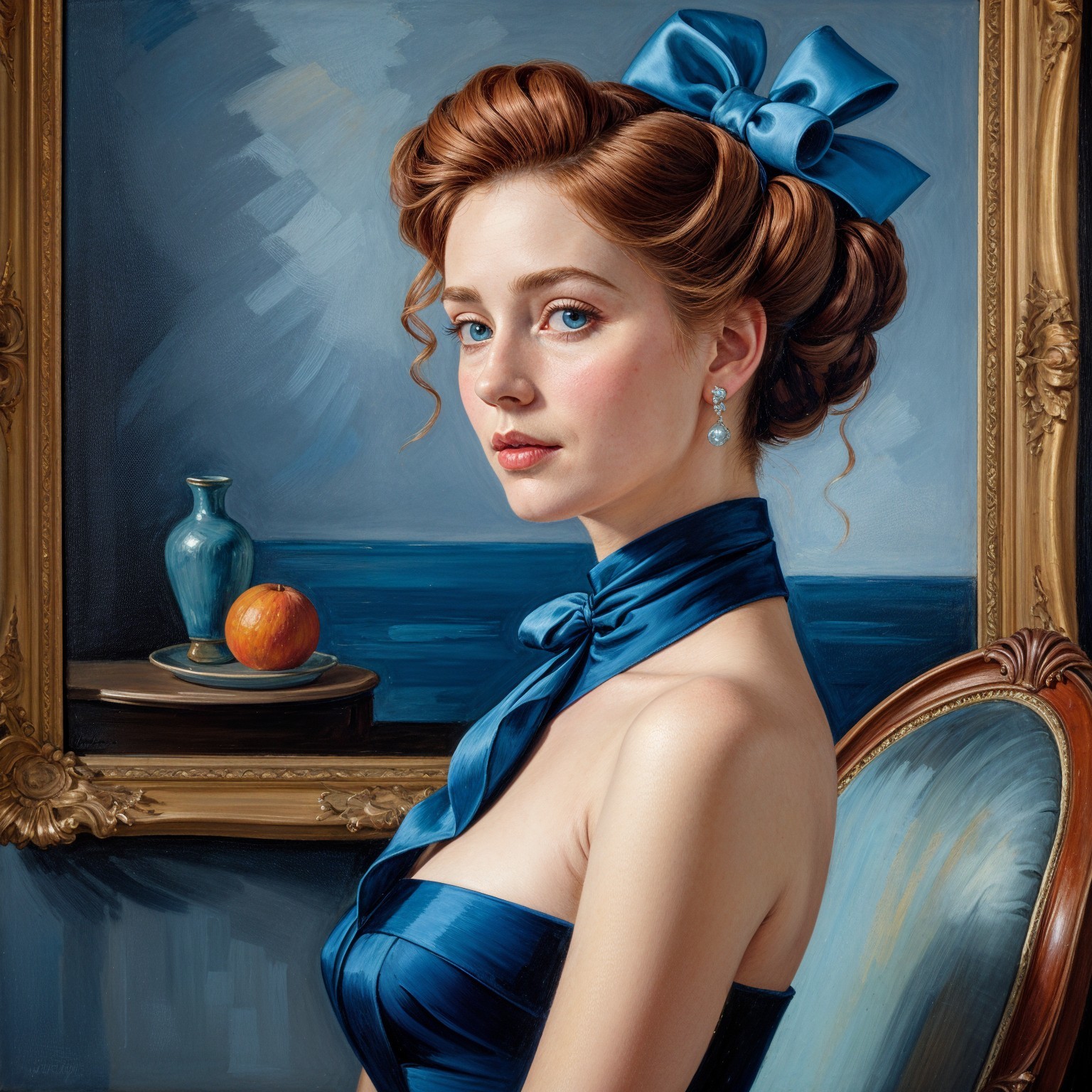 Elegant Young Woman in Blue Dress with Still Life