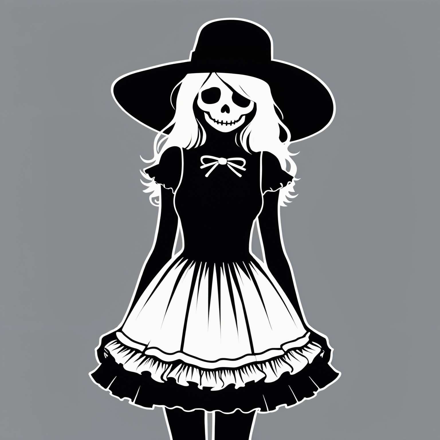 Skeleton in Gothic Dress with Playful Grin Illustration