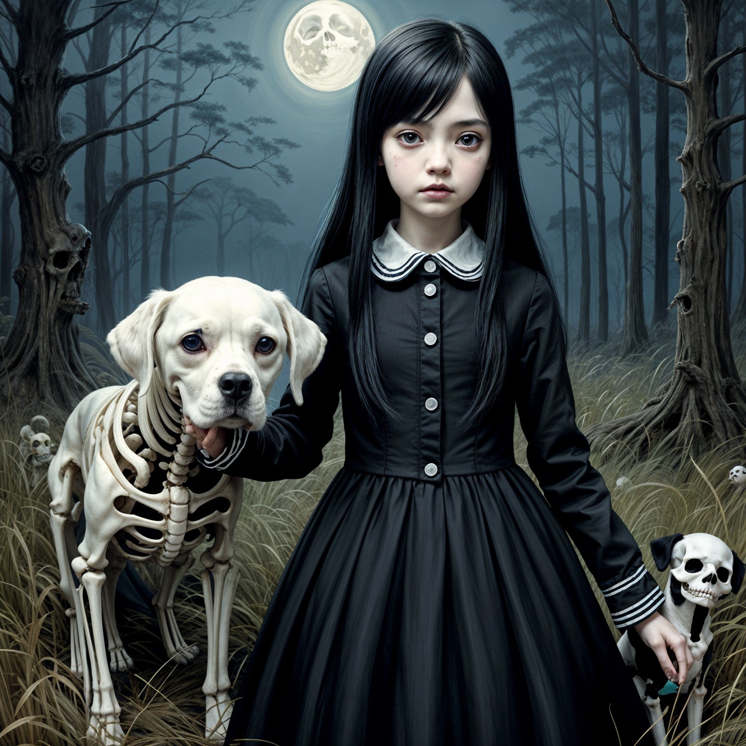 Eerie Forest Scene with Girl and Skeletal Dog