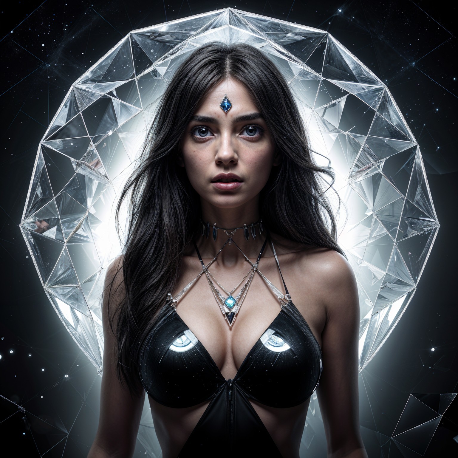 Portrait of a woman in a futuristic outfit with gemstones