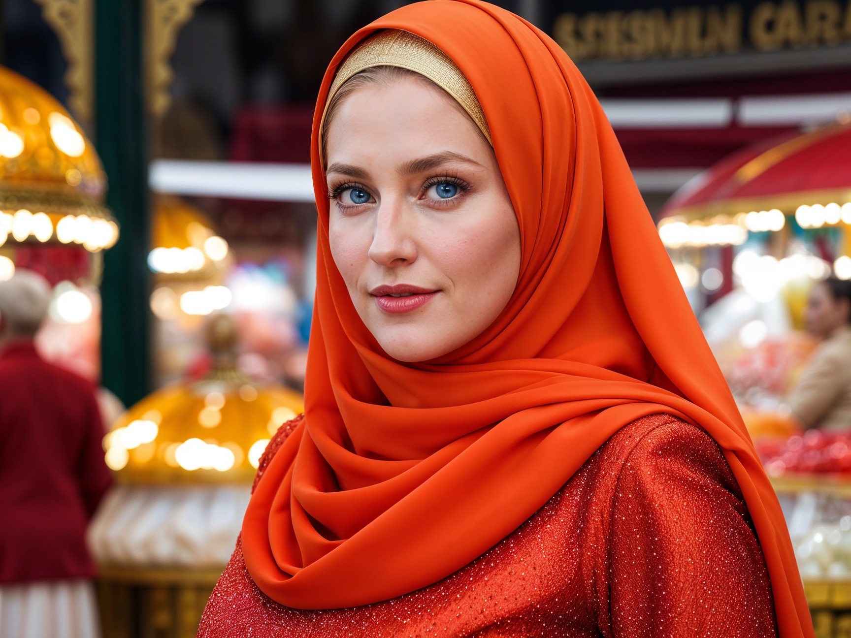 Elegant young woman in orange hijab and dress