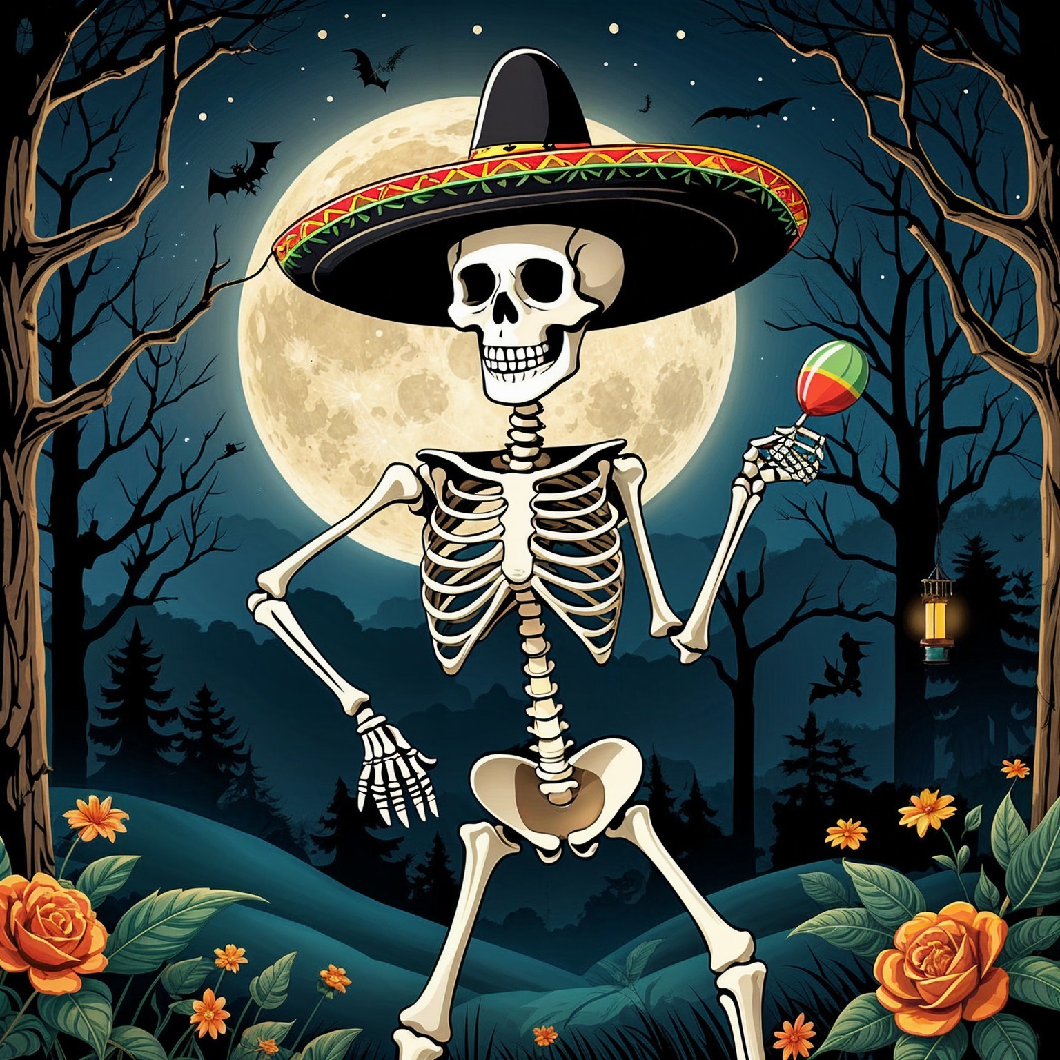 Festive Skeleton with Sombrero in Moonlit Scene