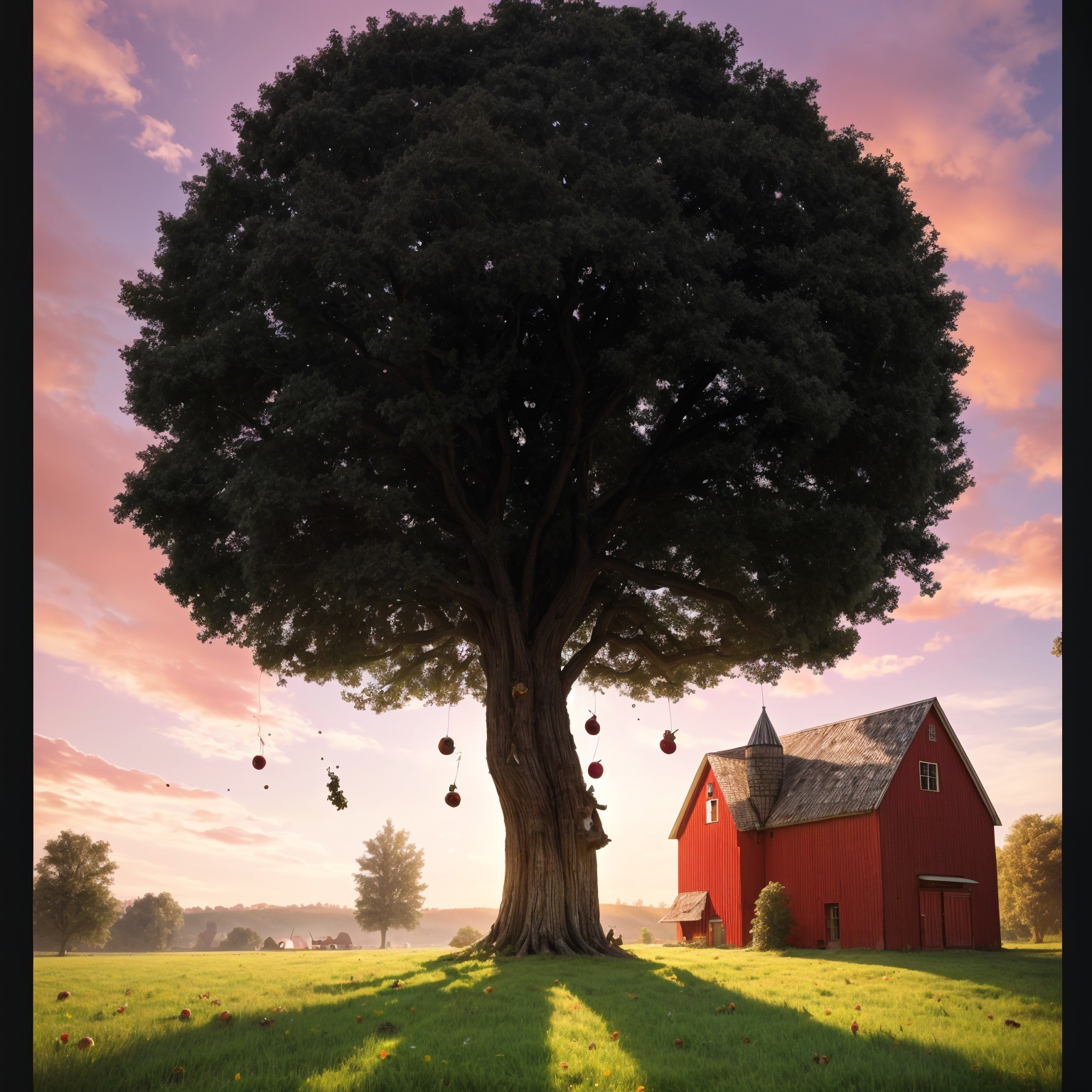 Majestic tree and red barn at sunset in a field