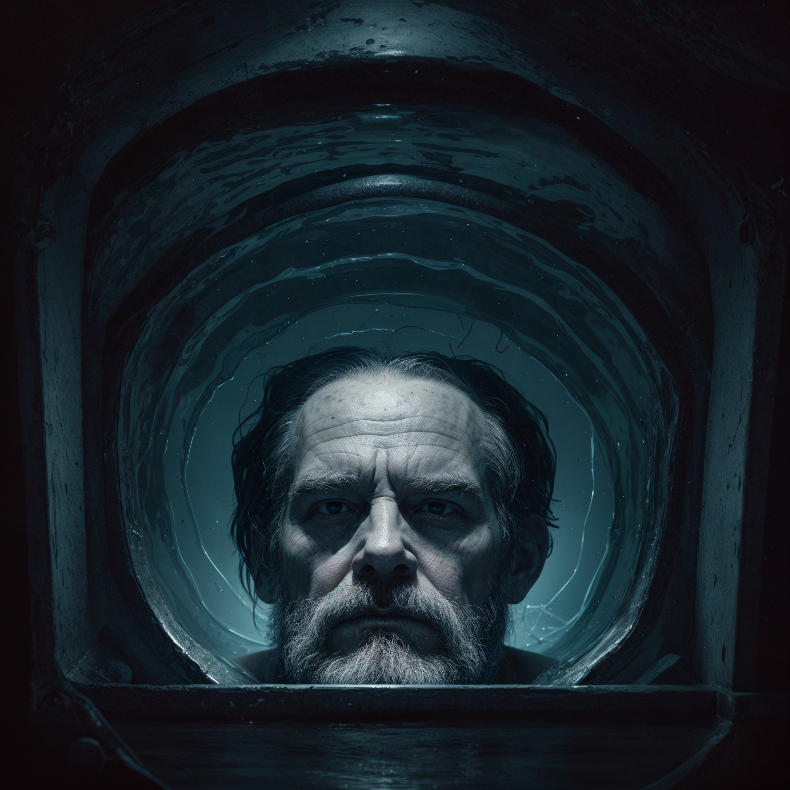 Somber Man Gazing Through Underwater Porthole