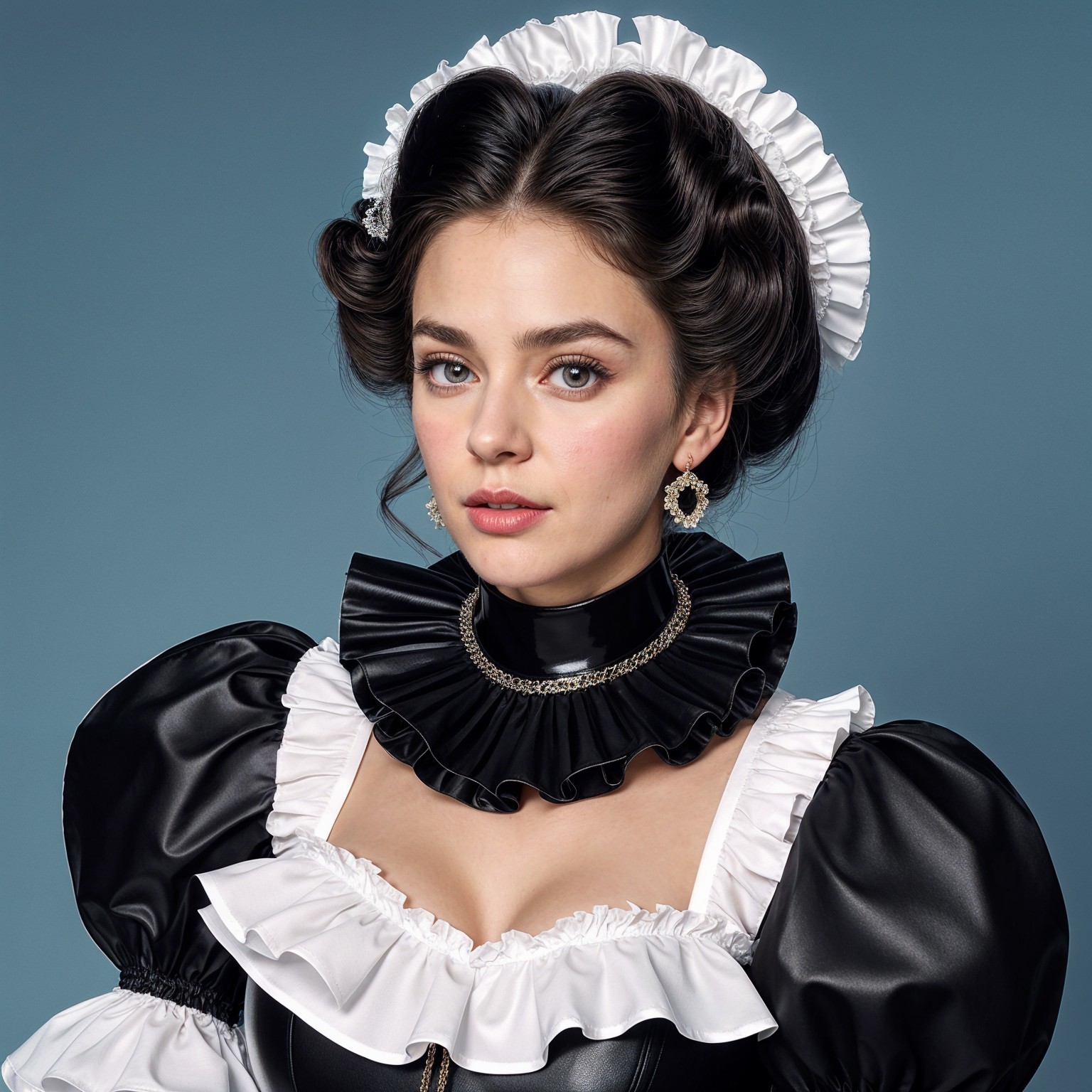 Young woman in leather bodice and puffy sleeves outfit