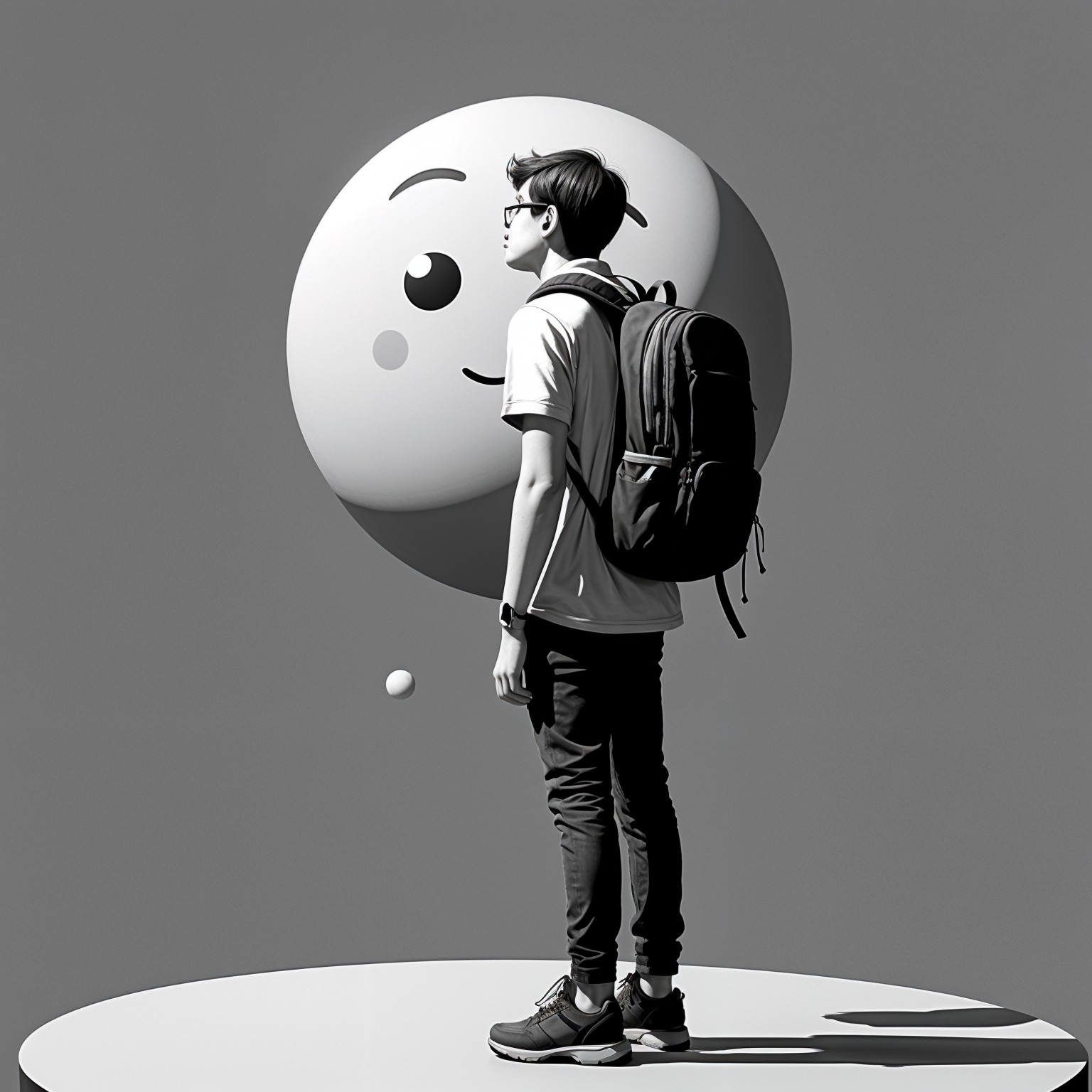 Boy on Platform with Cartoonish Face Above Him
