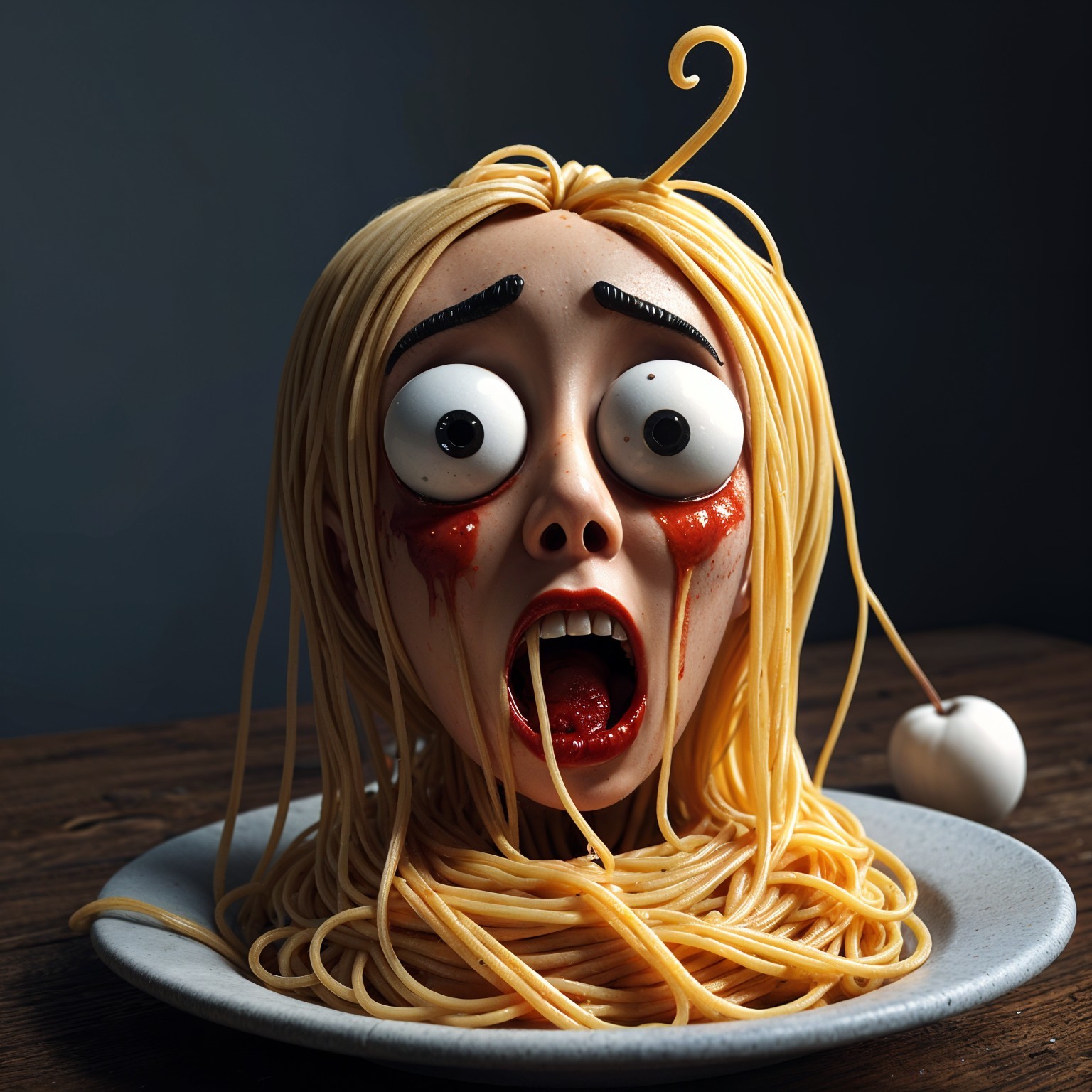 Surreal sculpture of a head with spaghetti hair and blood